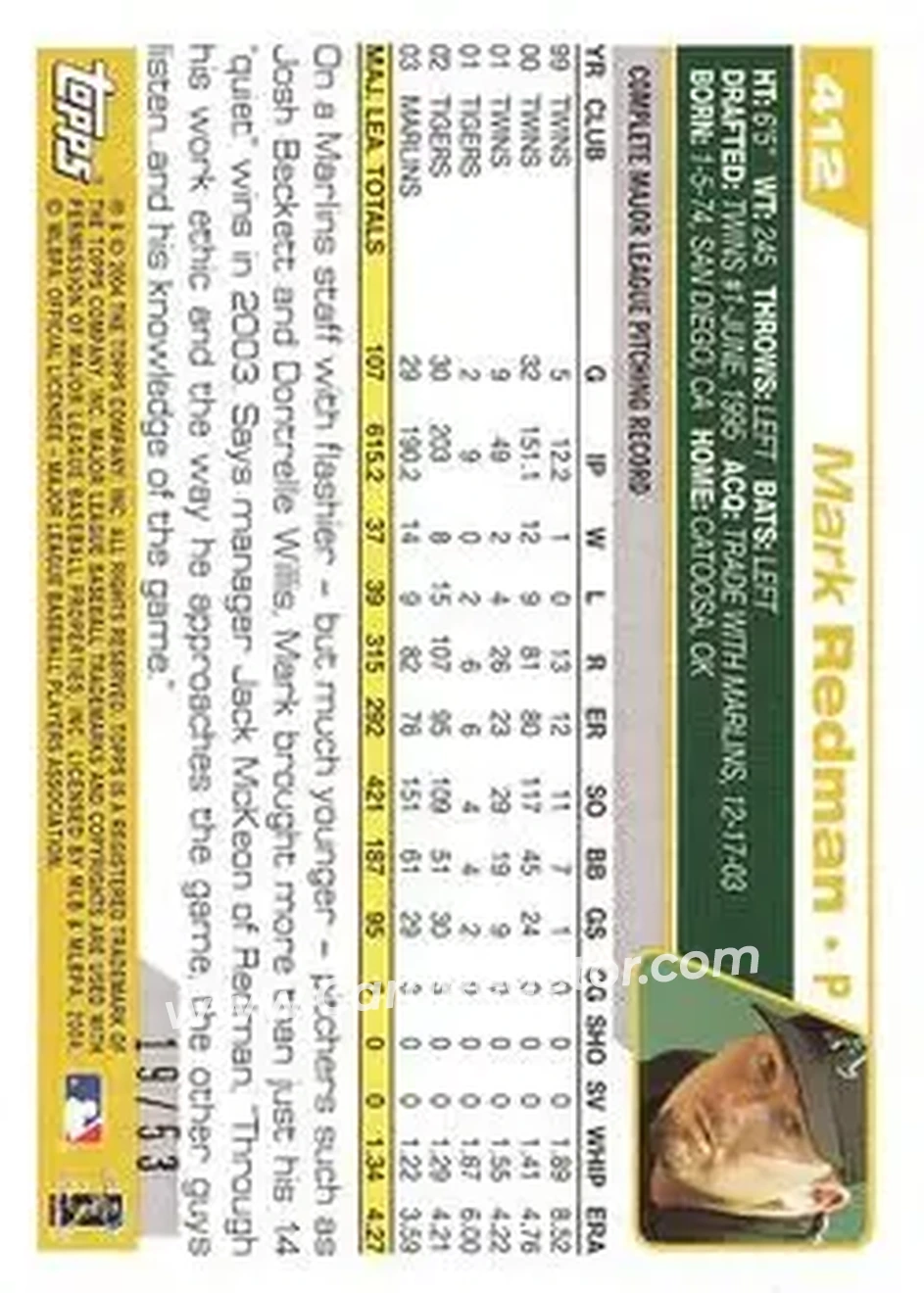 2004 Topps - Black #412 - Mark Redman - Oakland Athletics - Back 2004 Topps - Black #412 - Mark Redman - Oakland Athletics - Back