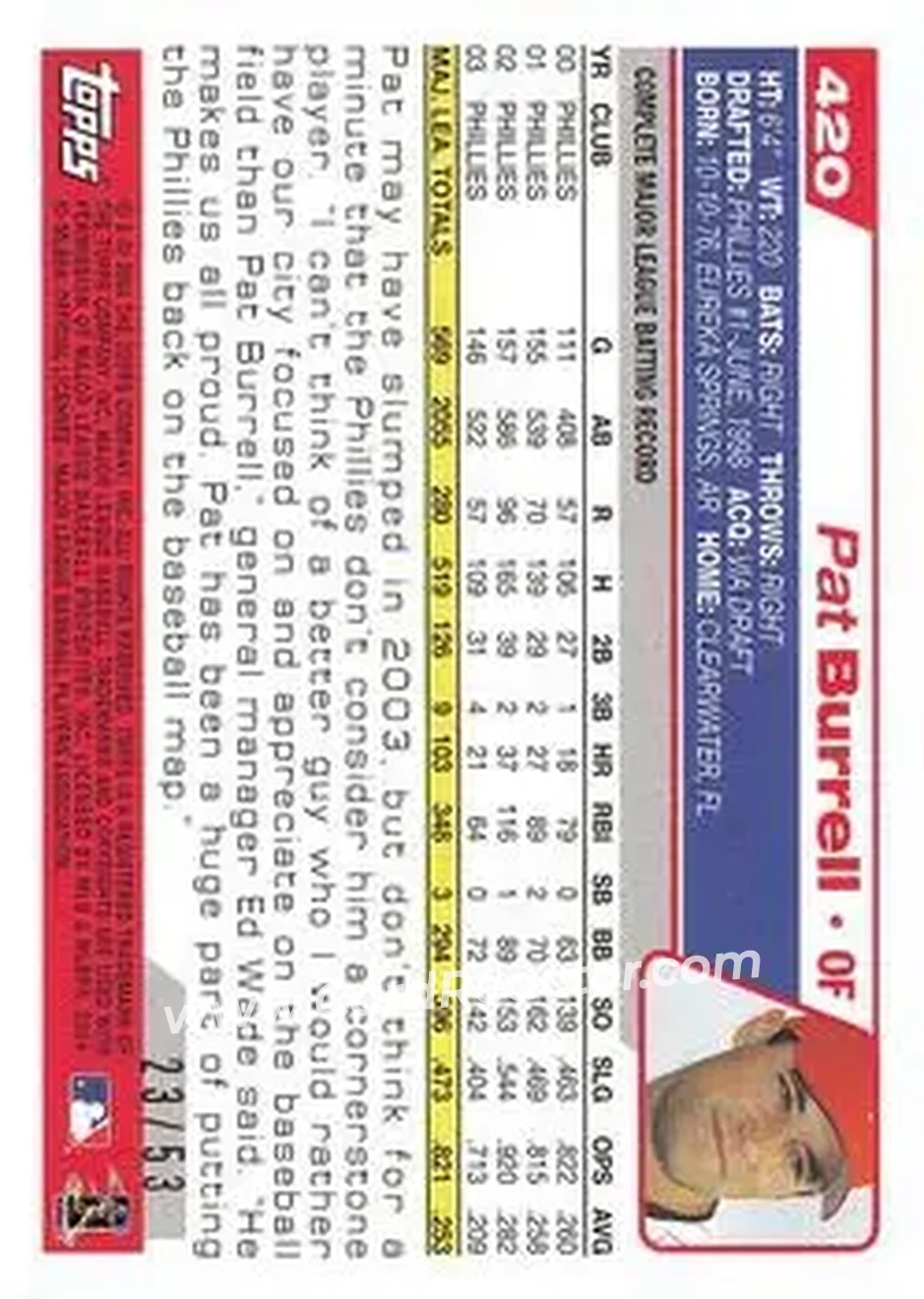 2004 Topps - Black #420 - Pat Burrell - Philadelphia Phillies - Back 2004 Topps - Black #420 - Pat Burrell - Philadelphia Phillies - Back