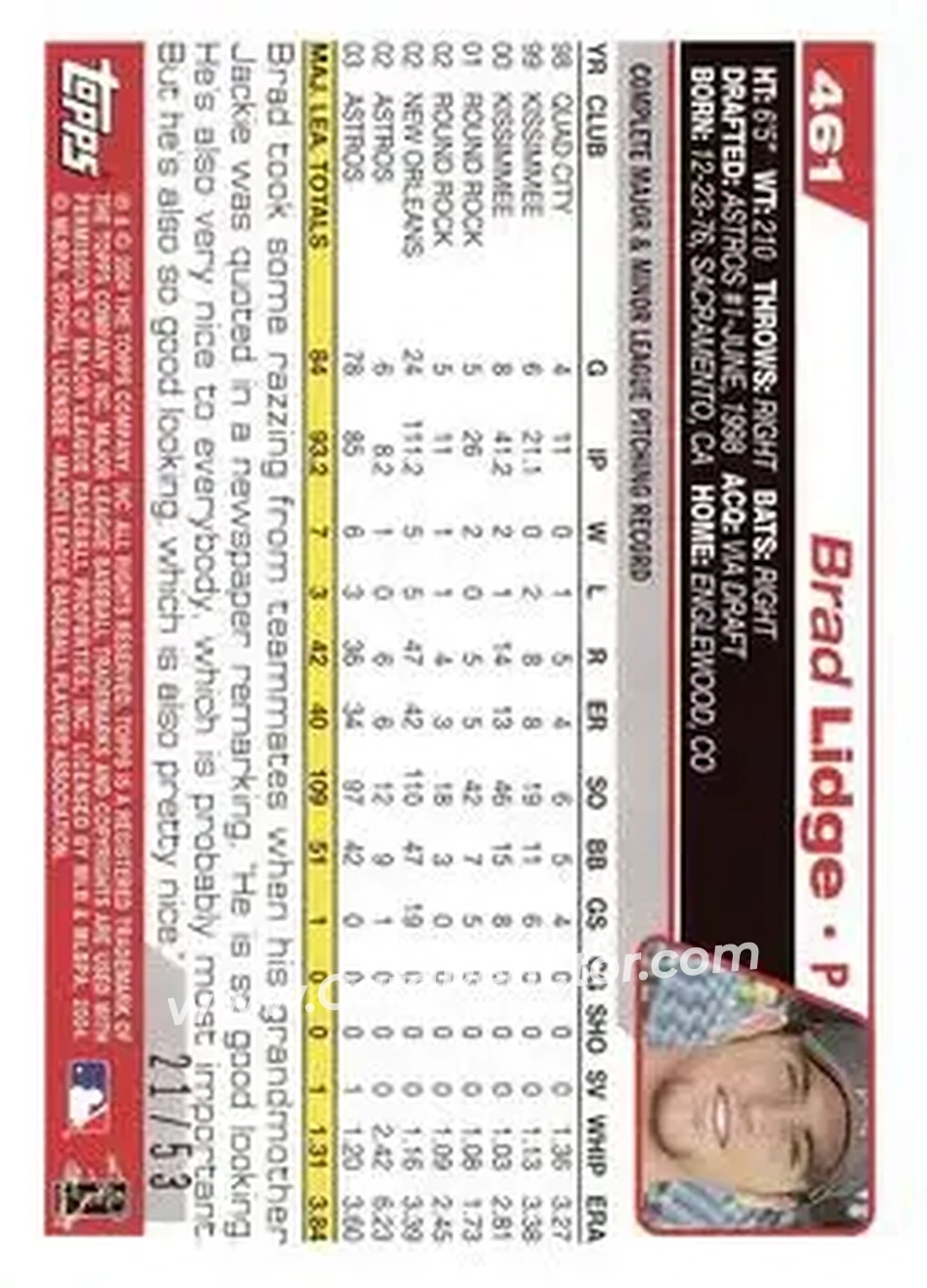 2004 Topps - Black #461 - Brad Lidge - Houston Astros - Back 2004 Topps - Black #461 - Brad Lidge - Houston Astros - Back
