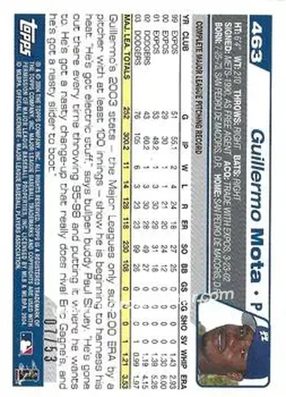 2004 Topps - Black #463 - Guillermo Mota - Los Angeles Dodgers - Back