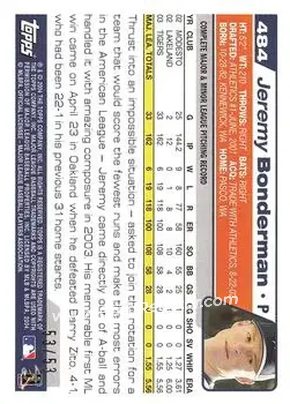 2004 Topps - Black #484 - Jeremy Bonderman - Detroit Tigers - Back 2004 Topps - Black #484 - Jeremy Bonderman - Detroit Tigers - Back
