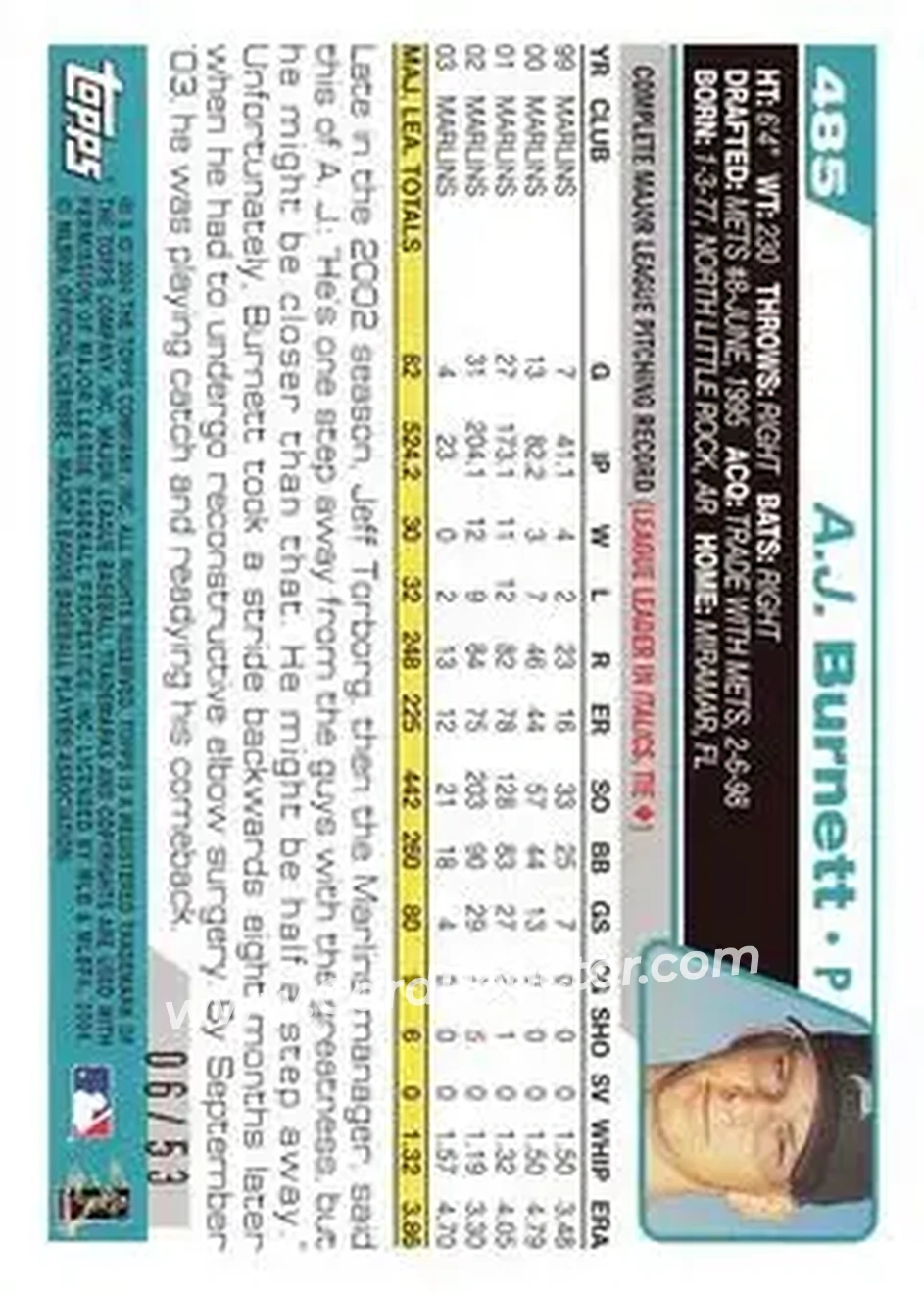 2004 Topps - Black #485 - A.J. Burnett - Florida Marlins - Back
