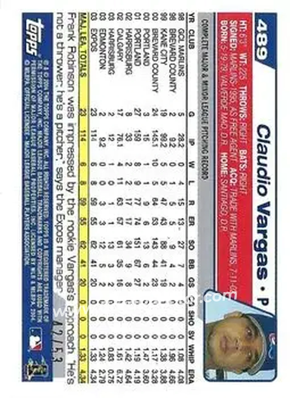 2004 Topps - Black #489 - Claudio Vargas - Montreal Expos - Back 2004 Topps - Black #489 - Claudio Vargas - Montreal Expos - Back