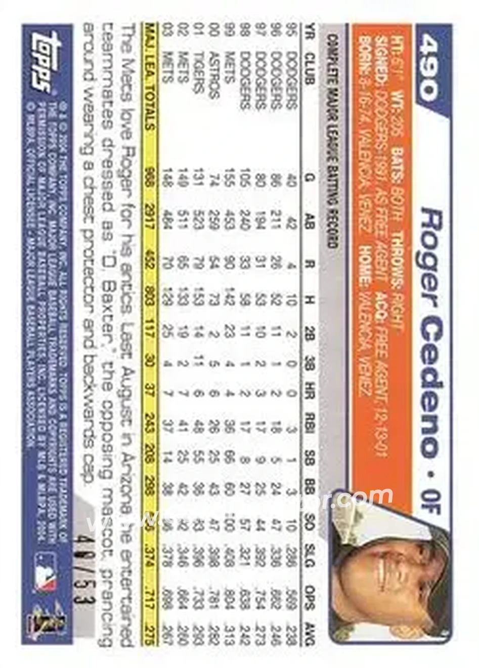 2004 Topps - Black #490 - Roger Cedeno - New York Mets - Back