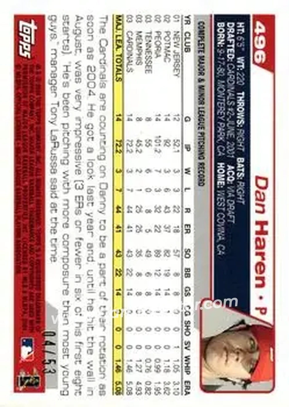 2004 Topps - Black #496 - Dan Haren - St. Louis Cardinals - Back