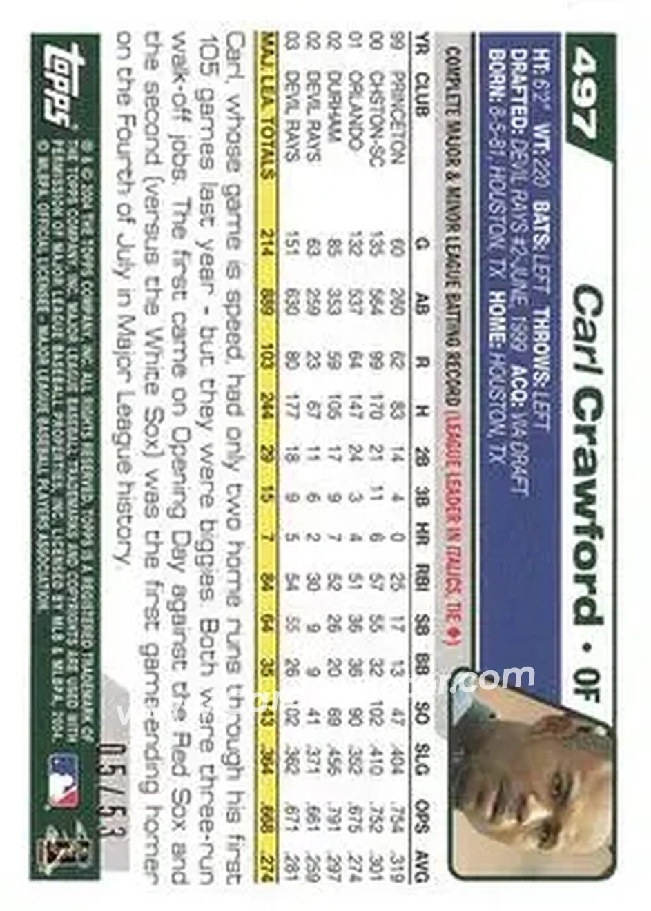 2004 Topps - Black #497 - Carl Crawford - Tampa Bay Devil Rays - Back