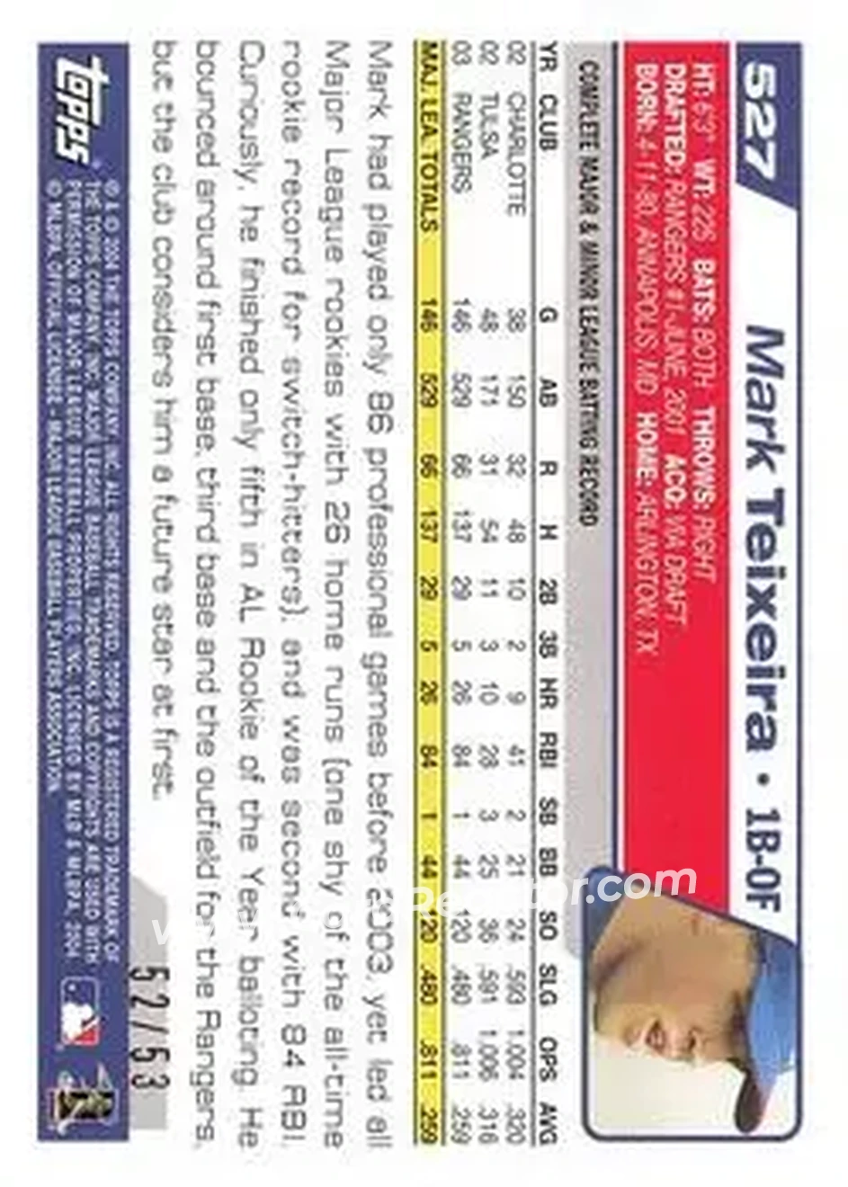 2004 Topps - Black #527 - Mark Teixeira - Texas Rangers - Back 2004 Topps - Black #527 - Mark Teixeira - Texas Rangers - Back
