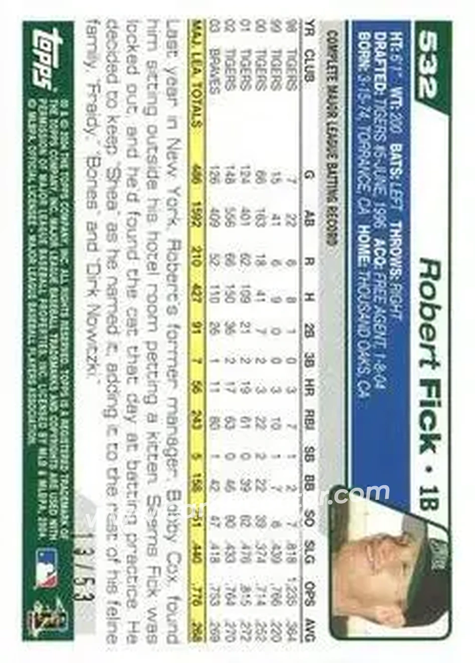 2004 Topps - Black #532 - Robert Fick - Tampa Bay Devil Rays - Back 2004 Topps - Black #532 - Robert Fick - Tampa Bay Devil Rays - Back