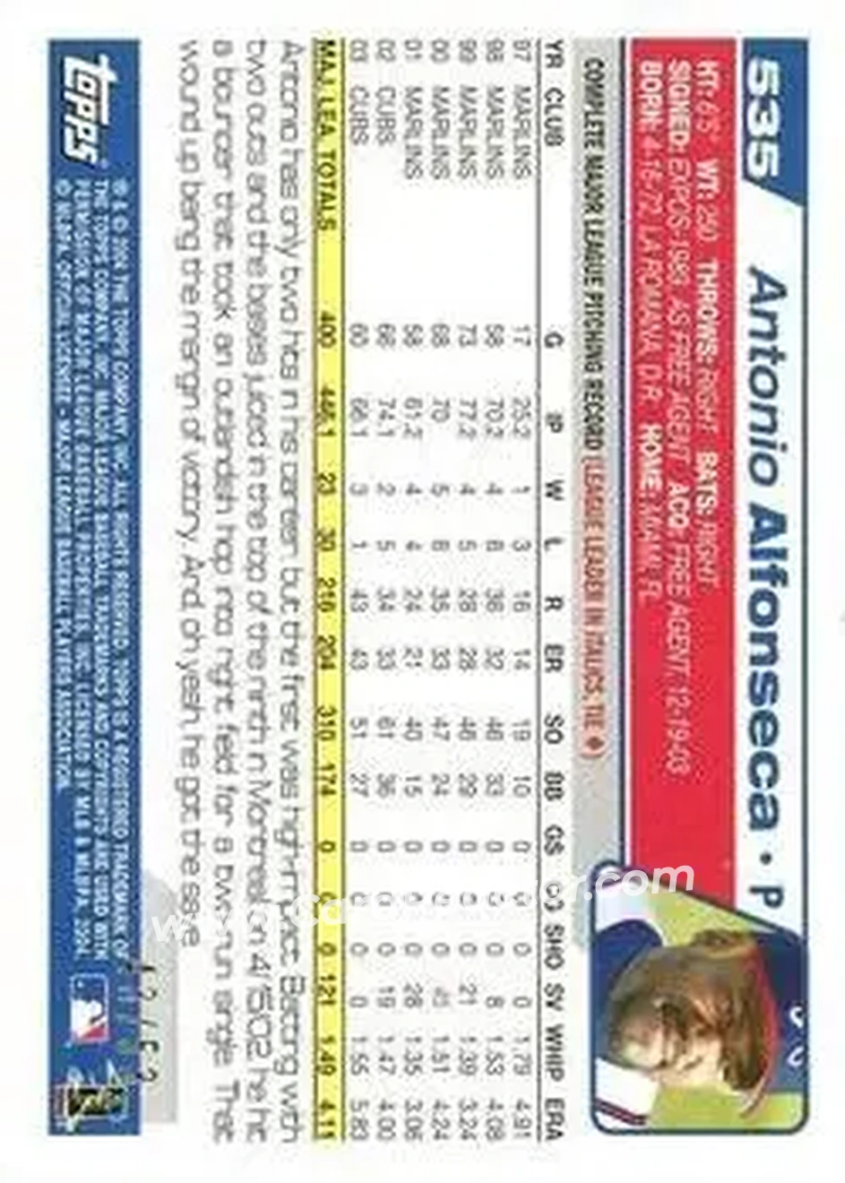2004 Topps - Black #535 - Antonio Alfonseca - Atlanta Braves - Back