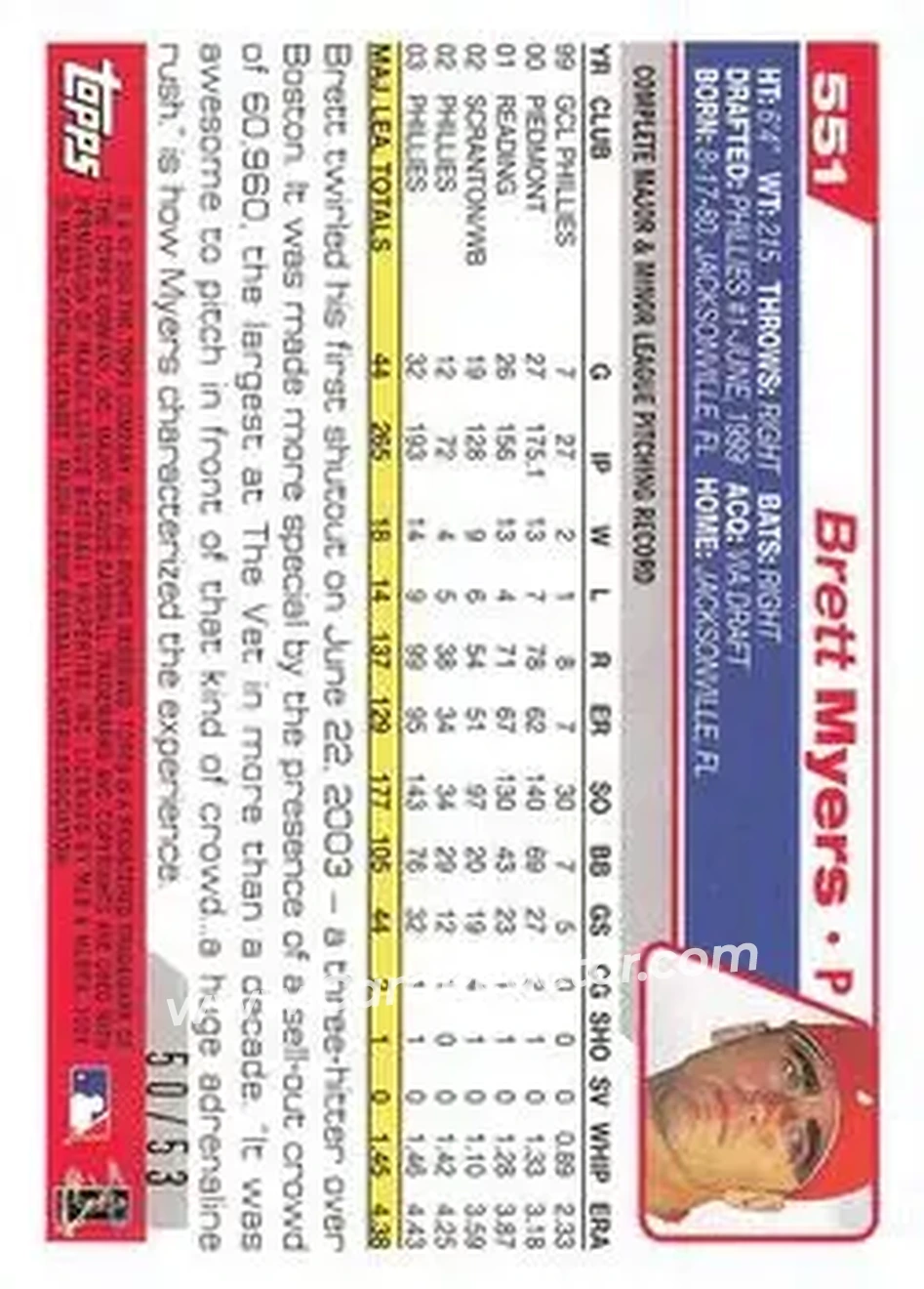 2004 Topps - Black #551 - Brett Myers - Philadelphia Phillies - Back