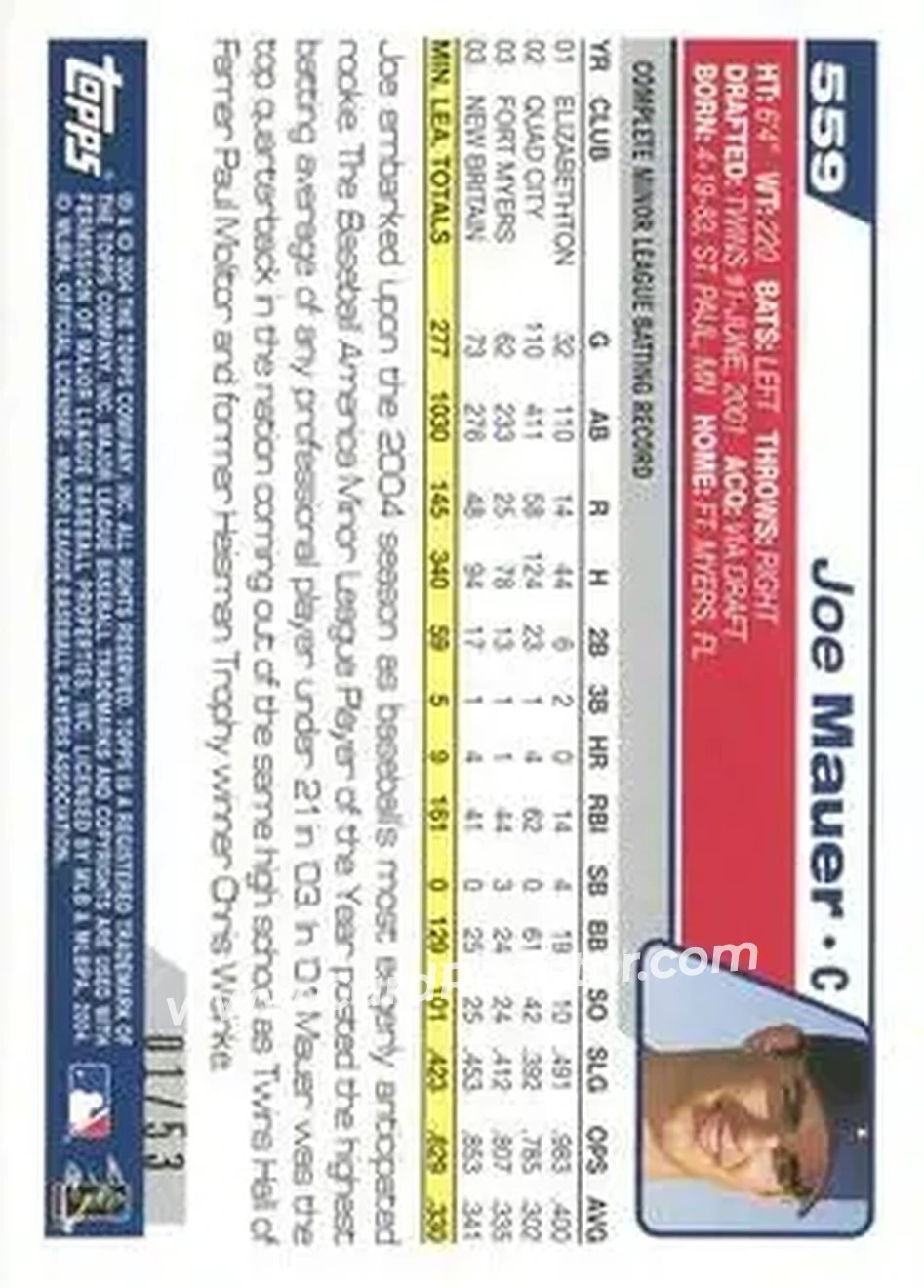 2004 Topps - Black #559 - Joe Mauer - Minnesota Twins - Back