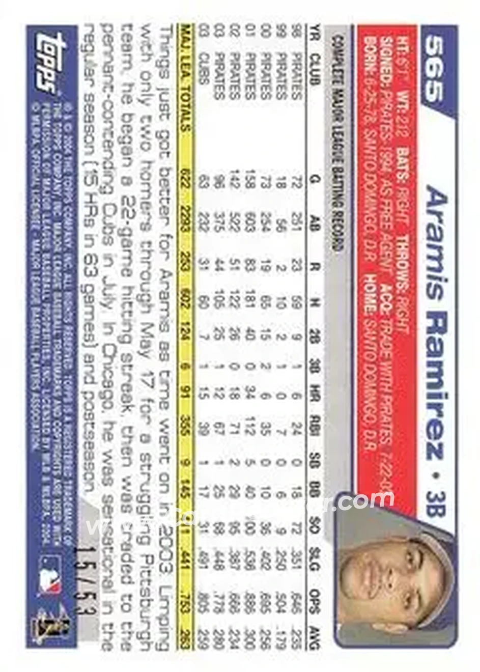 2004 Topps - Black #565 - Aramis Ramirez - Chicago Cubs - Back 2004 Topps - Black #565 - Aramis Ramirez - Chicago Cubs - Back