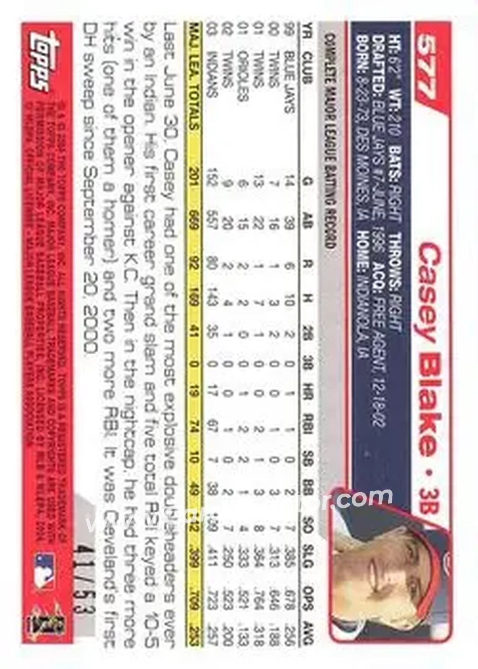 2004 Topps - Black #577 - Casey Blake - Cleveland Indians - Back 2004 Topps - Black #577 - Casey Blake - Cleveland Indians - Back