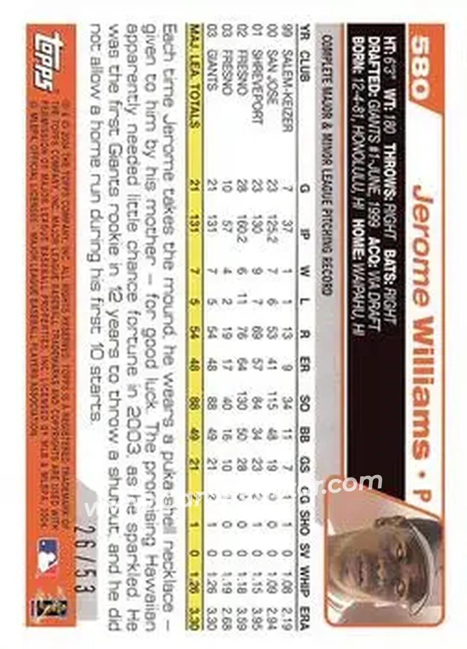 2004 Topps - Black #580 - Jerome Williams - San Francisco Giants - Back 2004 Topps - Black #580 - Jerome Williams - San Francisco Giants - Back