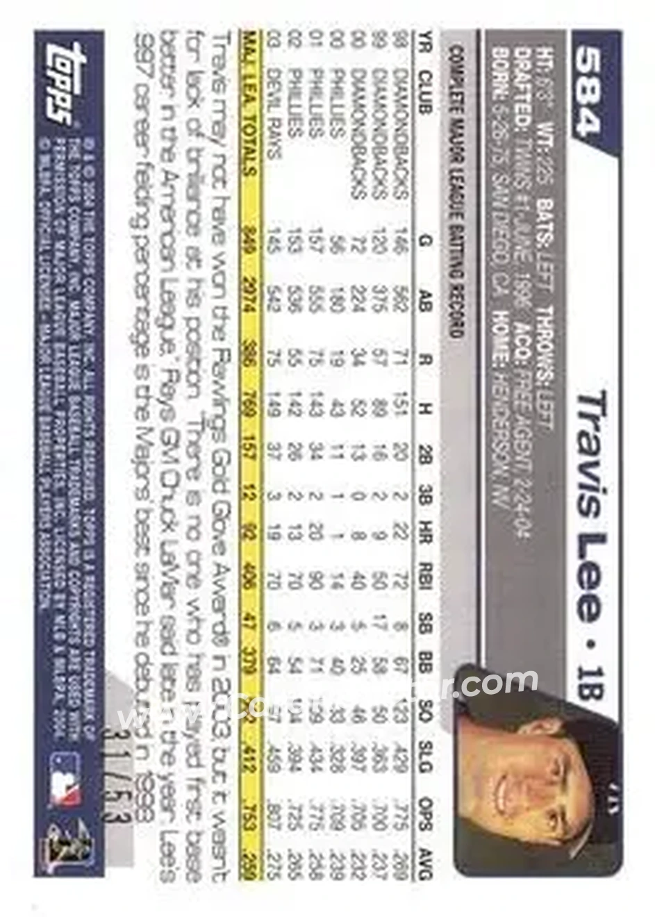 2004 Topps - Black #584 - Travis Lee - New York Yankees - Back 2004 Topps - Black #584 - Travis Lee - New York Yankees - Back