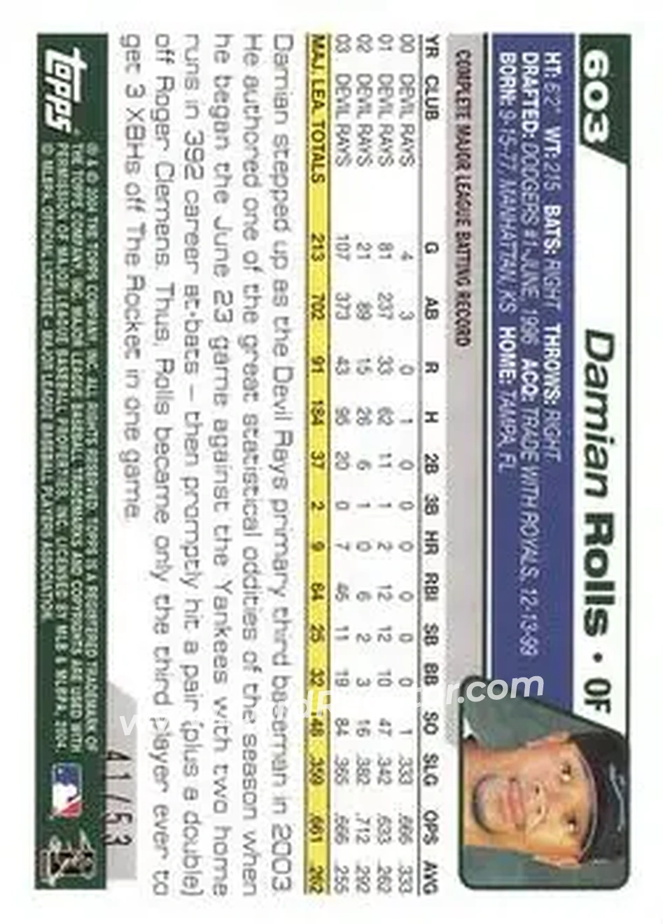 2004 Topps - Black #603 - Damian Rolls - Tampa Bay Devil Rays - Back