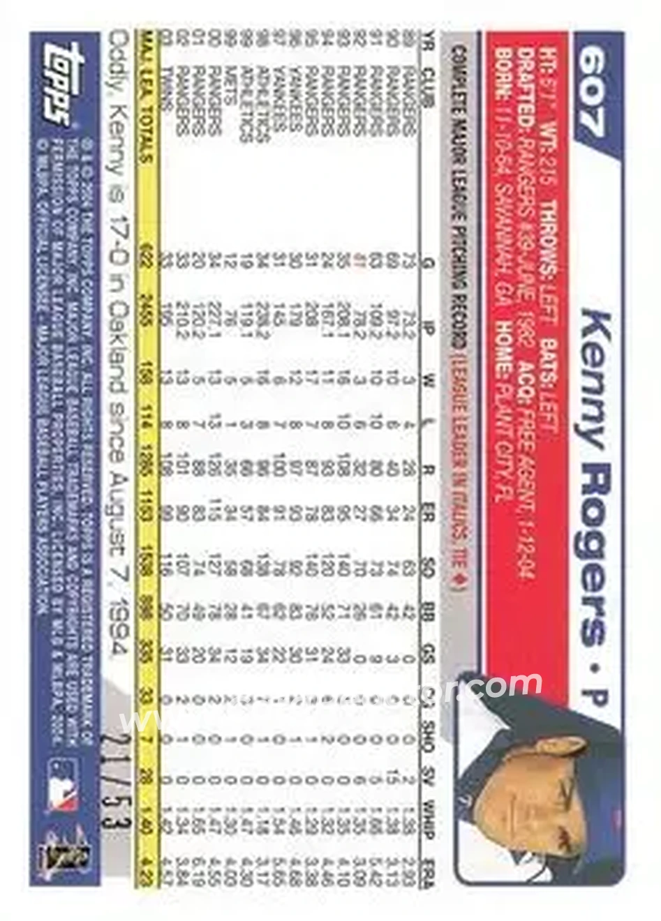 2004 Topps - Black #607 - Kenny Rogers - Texas Rangers - Back 2004 Topps - Black #607 - Kenny Rogers - Texas Rangers - Back