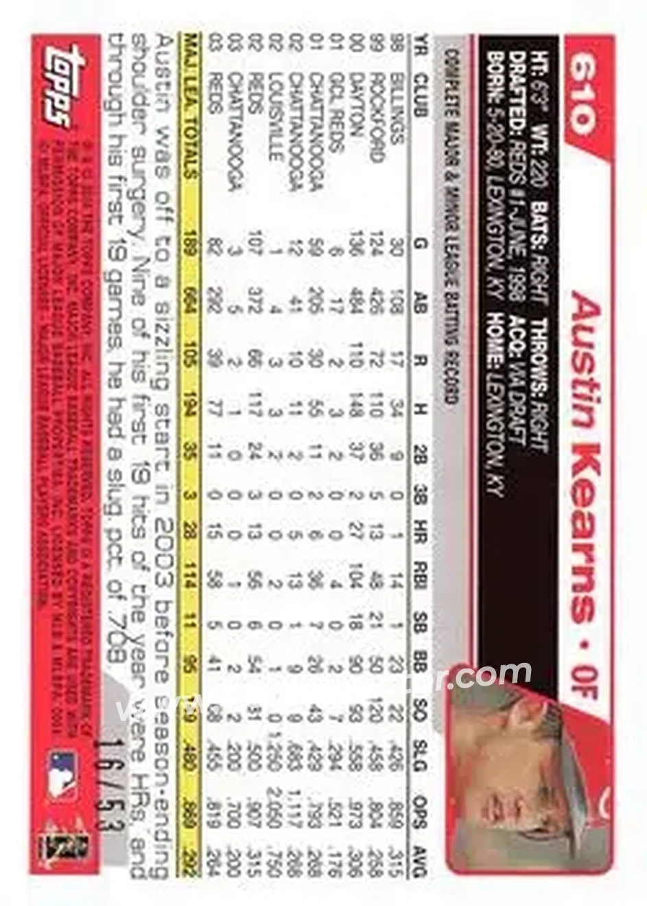 2004 Topps - Black #610 - Austin Kearns - Cincinnati Reds - Back