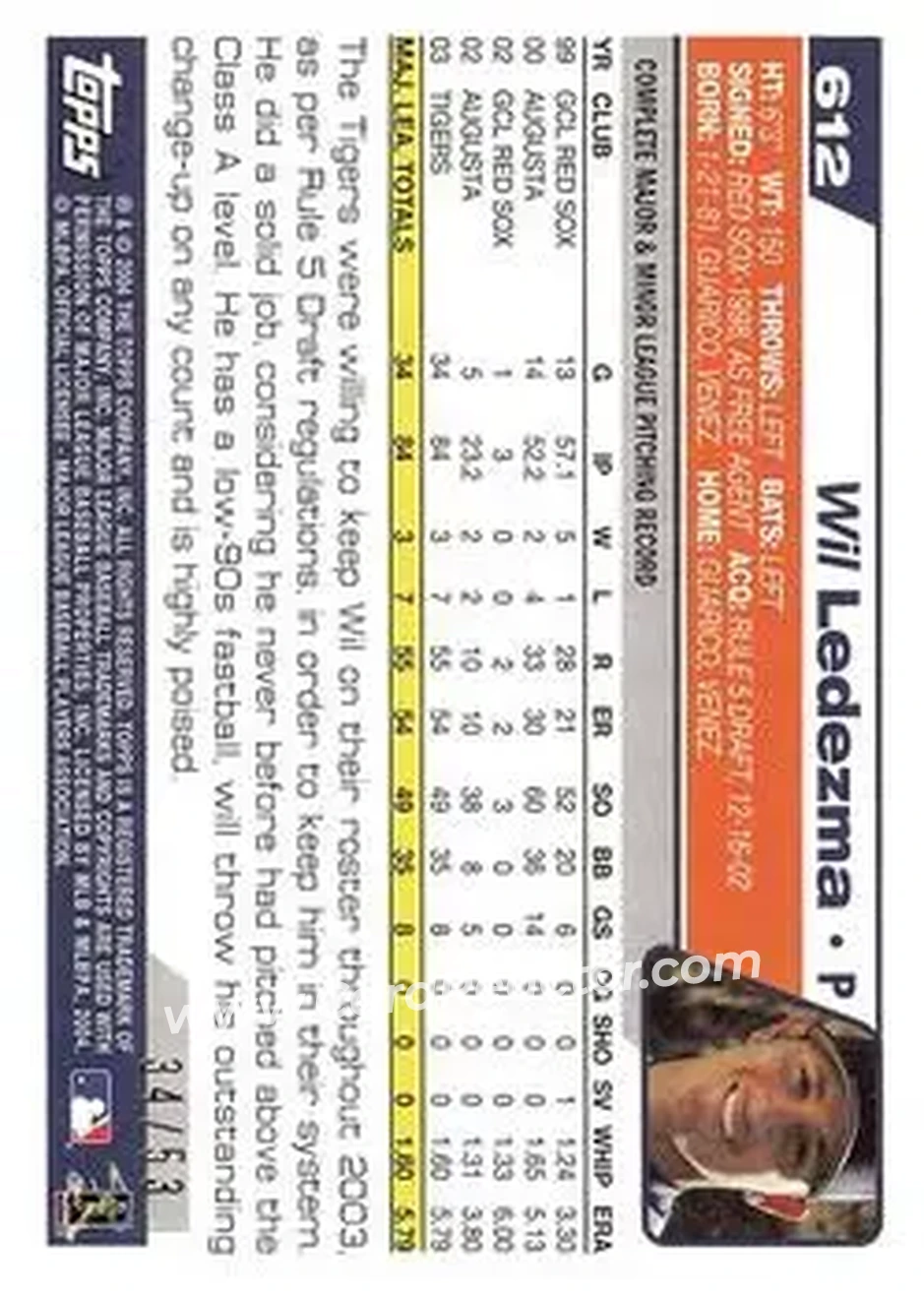 2004 Topps - Black #612 - Wilfredo Ledezma - Detroit Tigers - Back