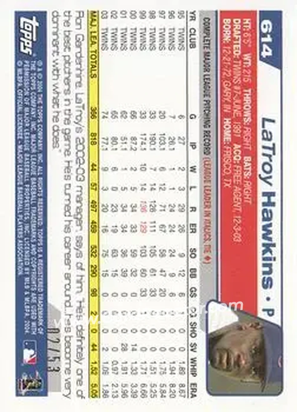 2004 Topps - Black #614 - LaTroy Hawkins - Chicago Cubs - Back