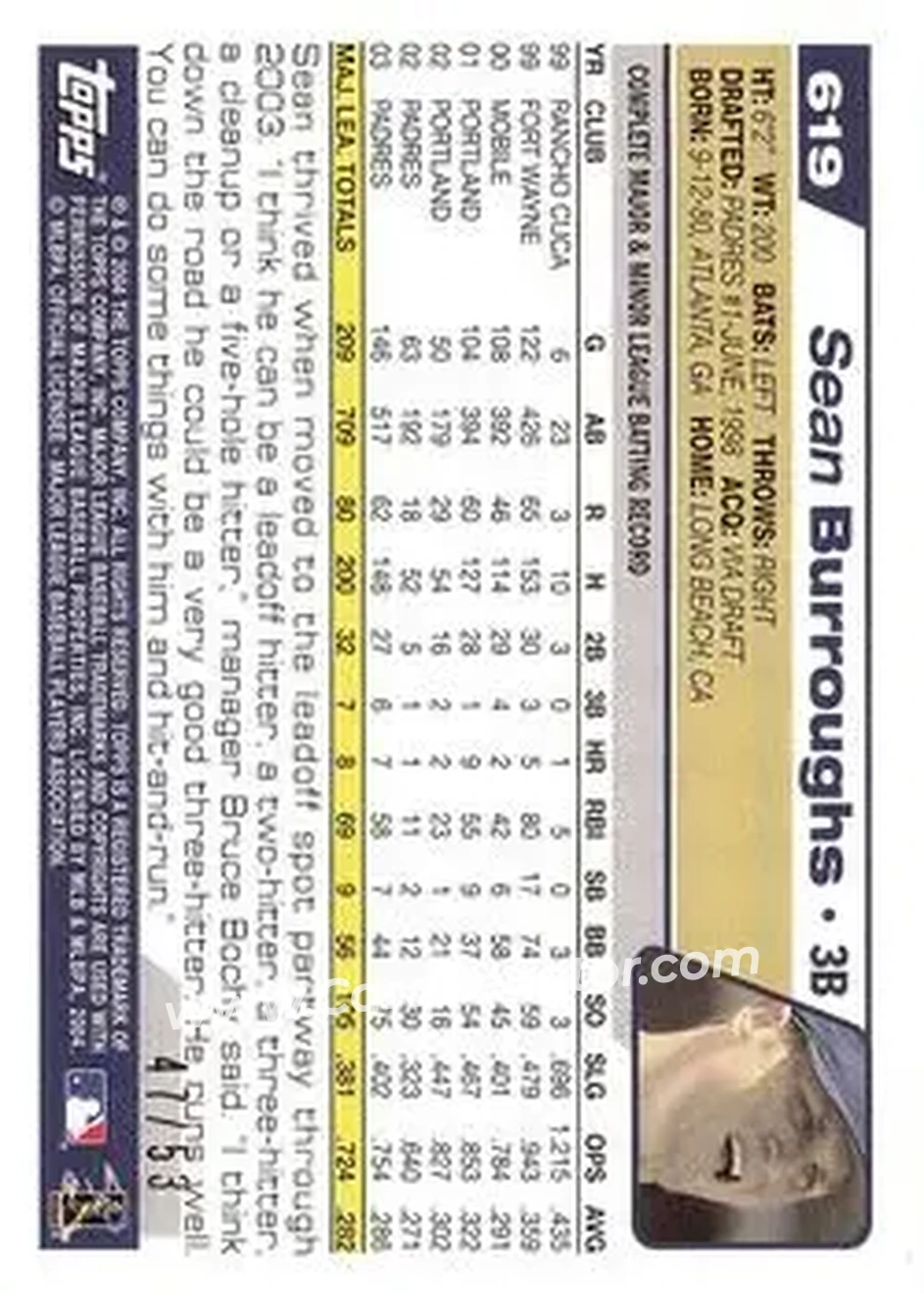 2004 Topps - Black #619 - Sean Burroughs - San Diego Padres - Back