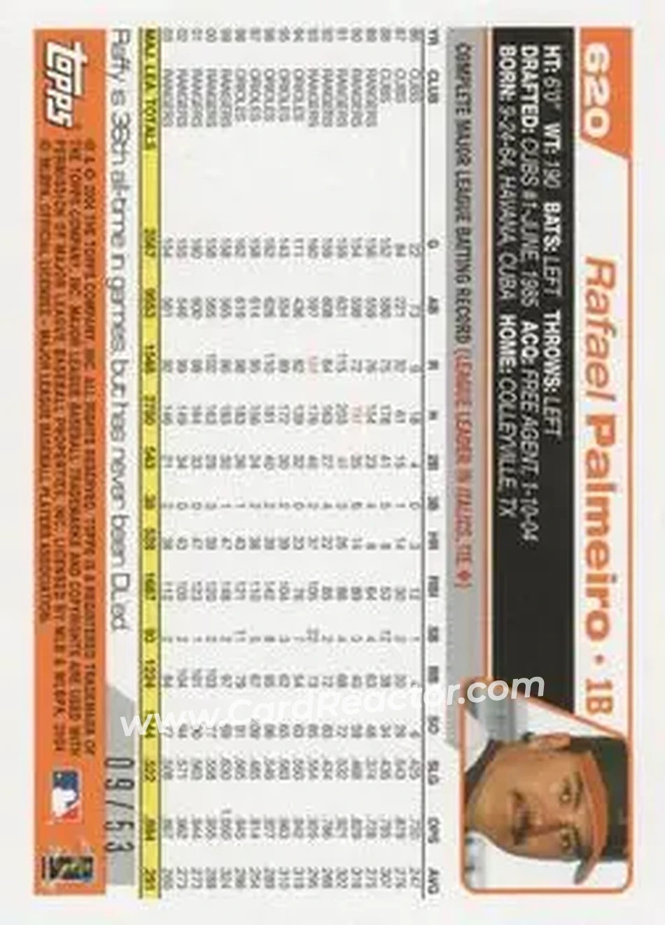 2004 Topps - Black #620 - Rafael Palmeiro - Baltimore Orioles - Back