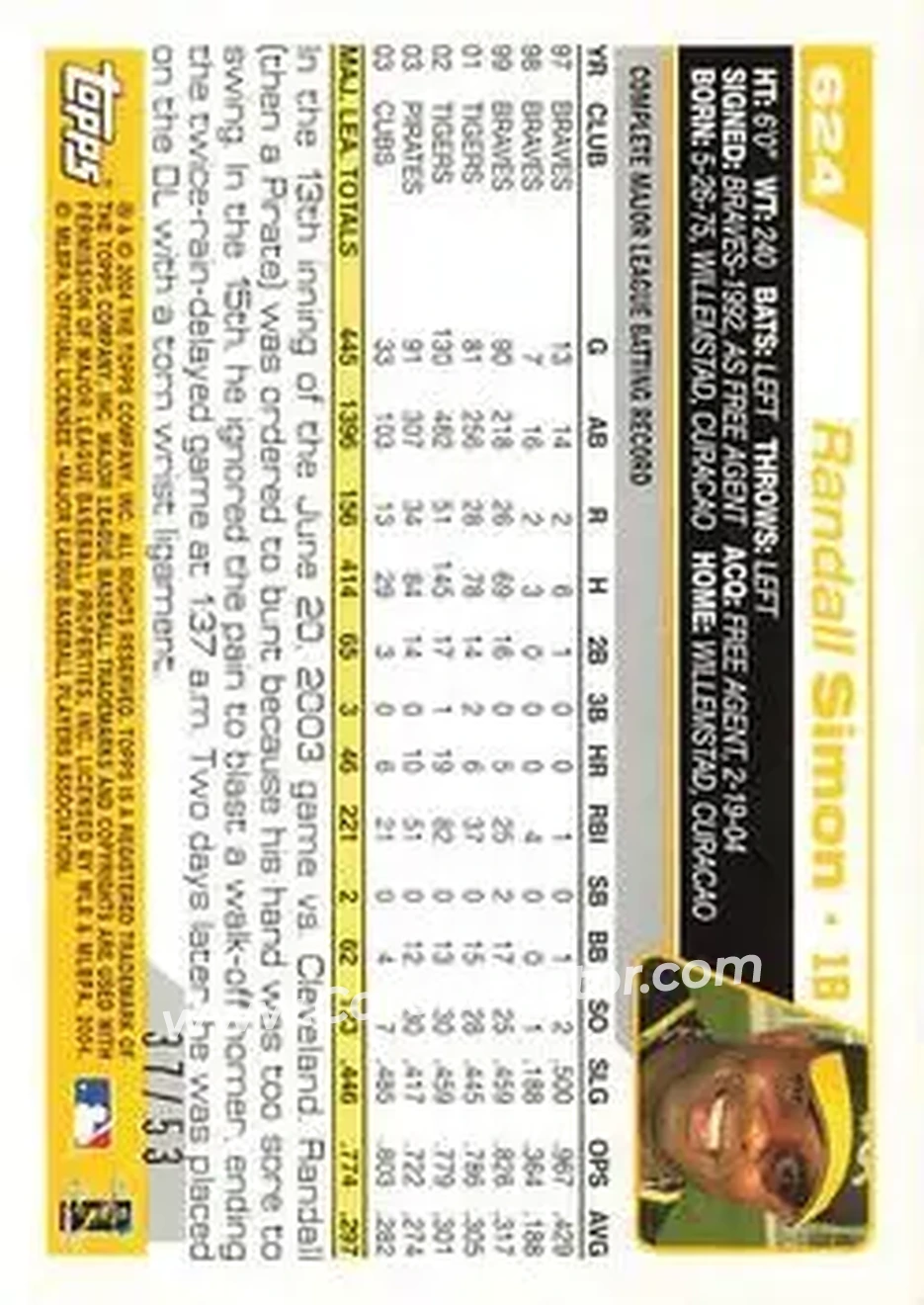 2004 Topps - Black #624 - Randall Simon - Pittsburgh Pirates - Back