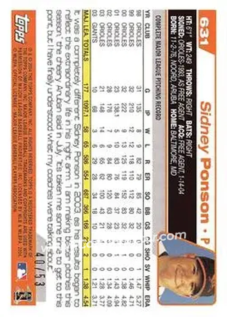 2004 Topps - Black #631 - Sidney Ponson - San Francisco Giants - Back 2004 Topps - Black #631 - Sidney Ponson - San Francisco Giants - Back
