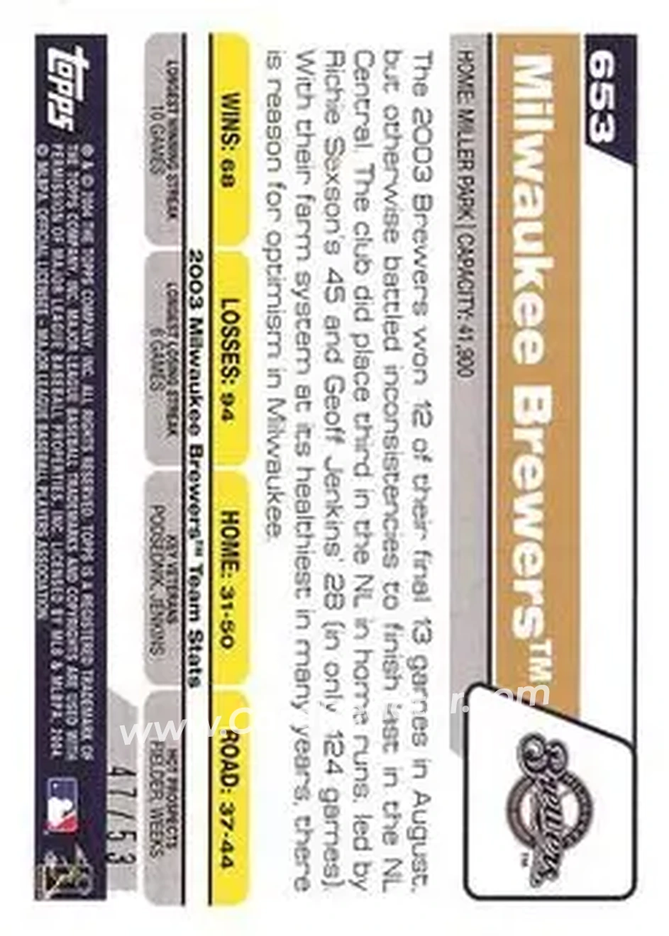 2004 Topps - Black #653 - Milwaukee Brewers - Milwaukee Brewers - Back