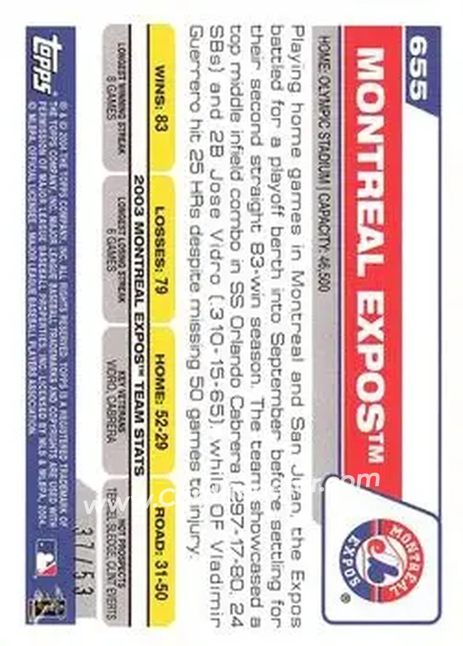 2004 Topps - Black #655 - Montreal Expos - Montreal Expos - Back 2004 Topps - Black #655 - Montreal Expos - Montreal Expos - Back
