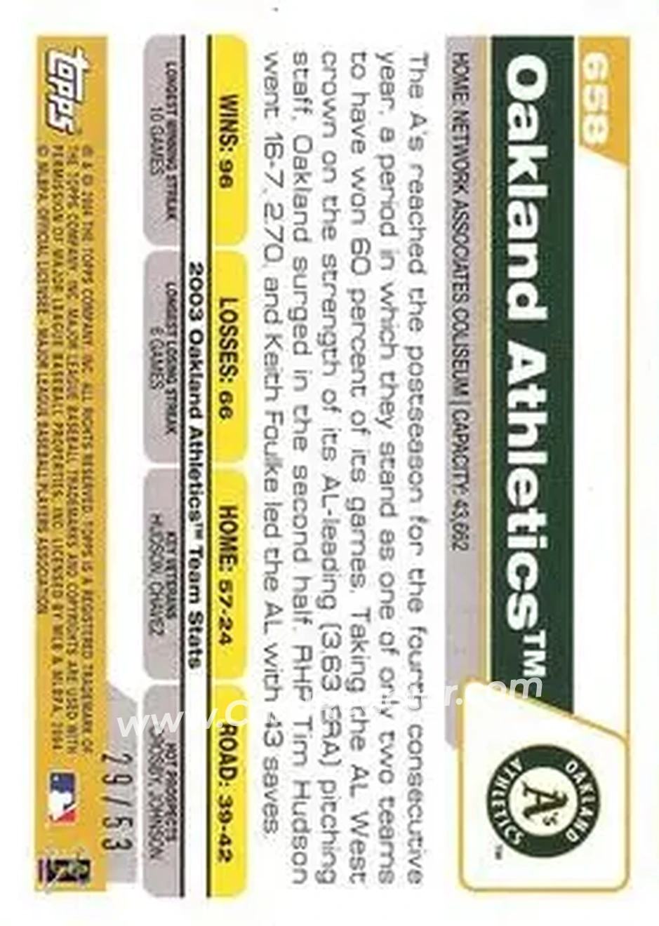 2004 Topps - Black #658 - Oakland Athletics - Oakland Athletics - Back