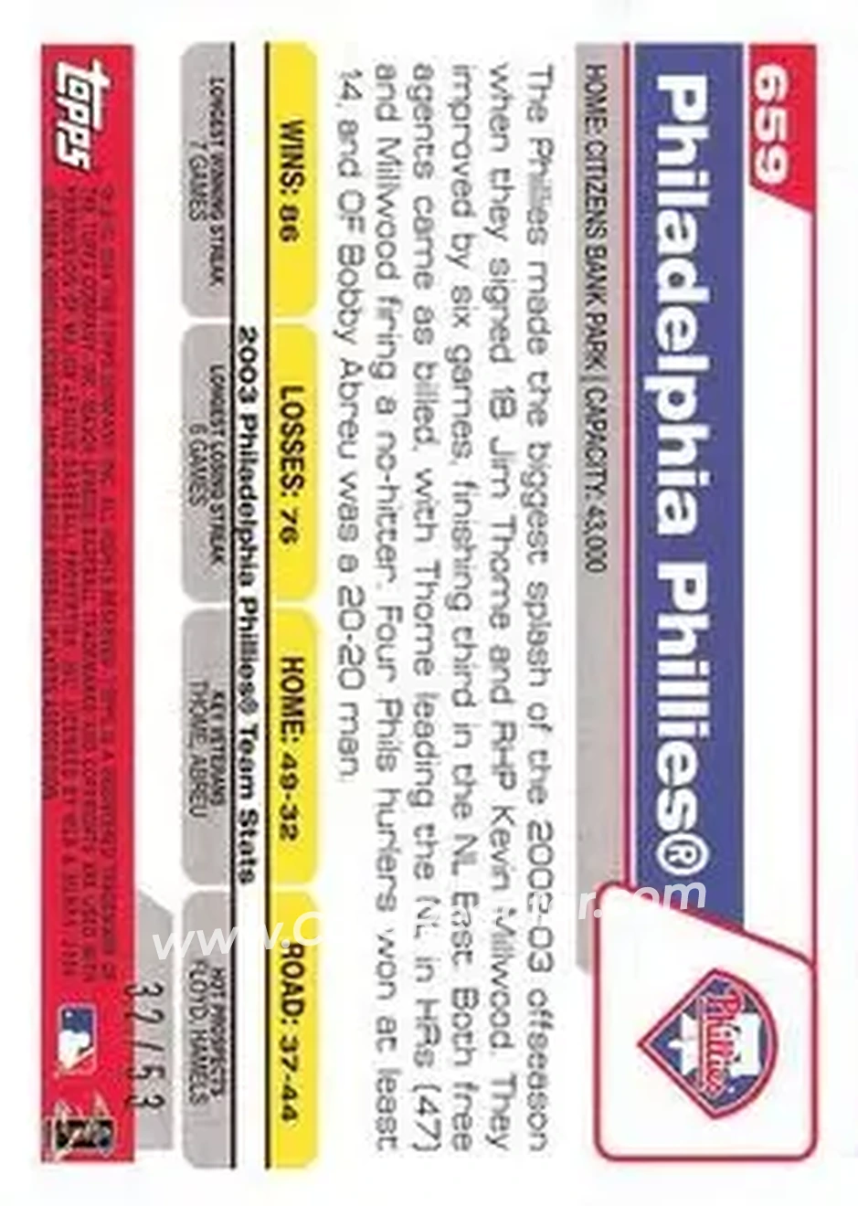 2004 Topps - Black #659 - Philadelphia Phillies - Philadelphia Phillies - Back