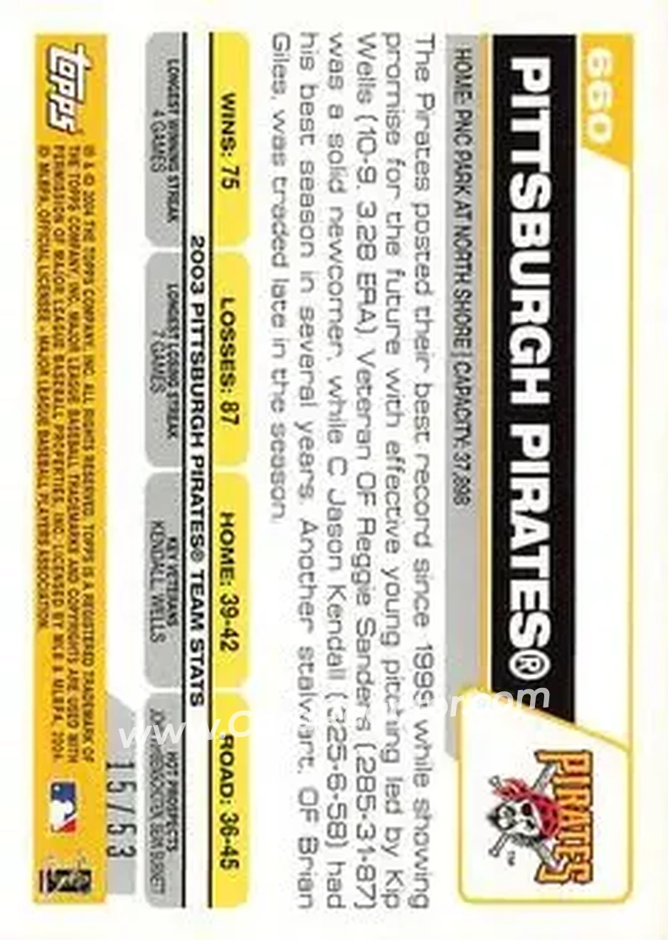 2004 Topps - Black #660 - Pittsburgh Pirates - Pittsburgh Pirates - Back