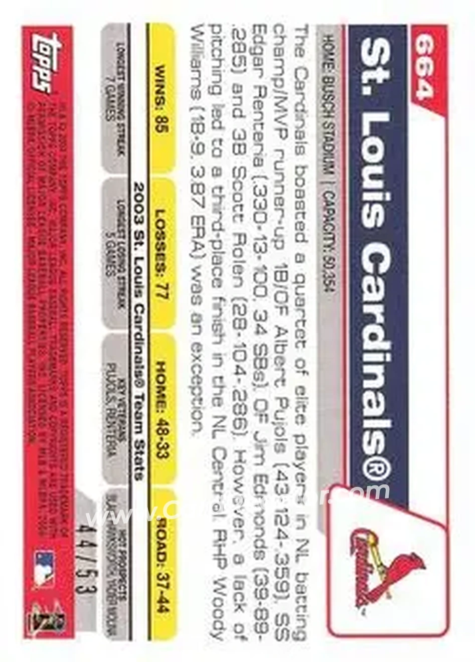 2004 Topps - Black #664 - St. Louis Cardinals - St. Louis Cardinals - Back 2004 Topps - Black #664 - St. Louis Cardinals - St. Louis Cardinals - Back