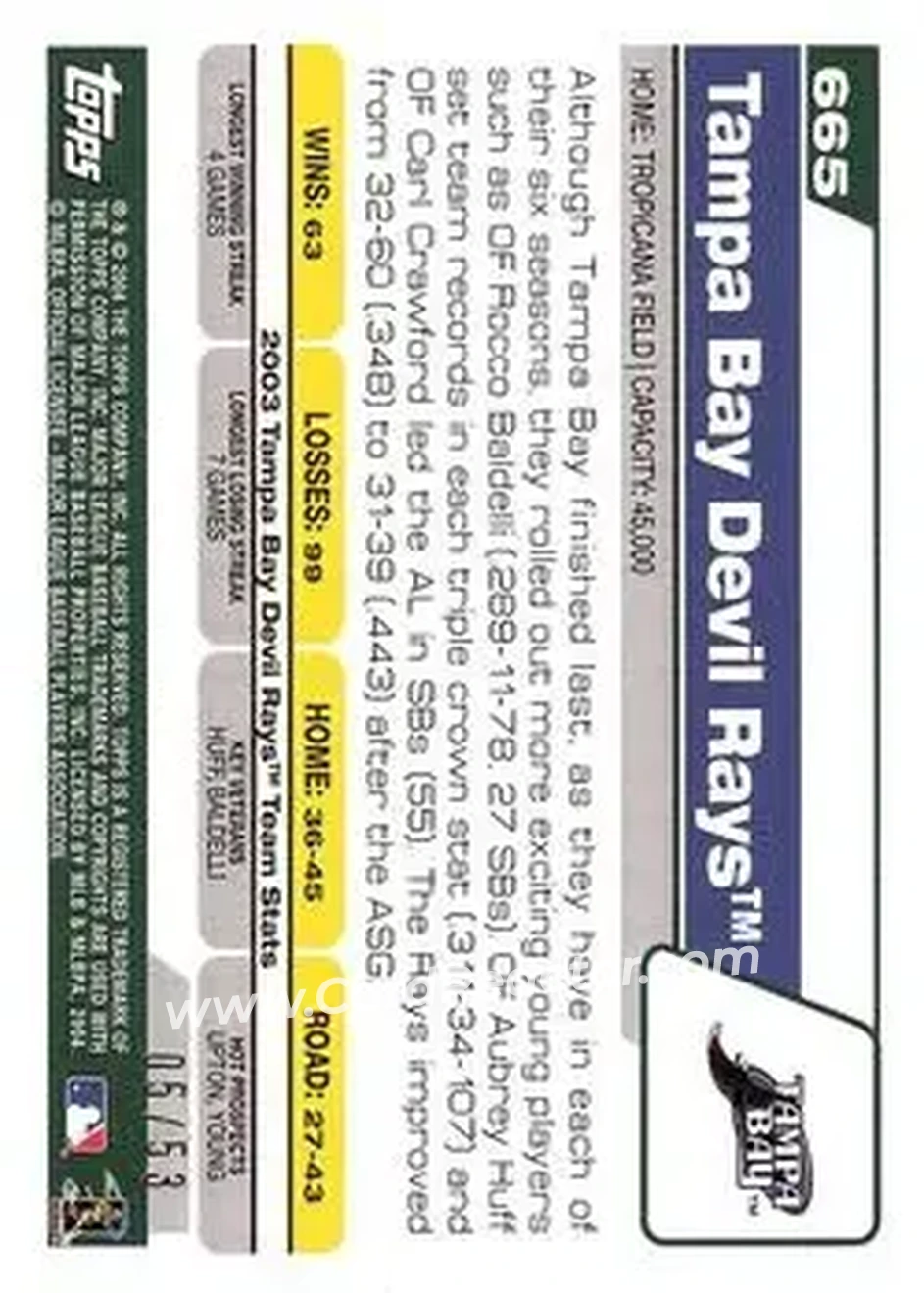 2004 Topps - Black #665 - Tampa Bay Devil Rays - Tampa Bay Devil Rays - Back