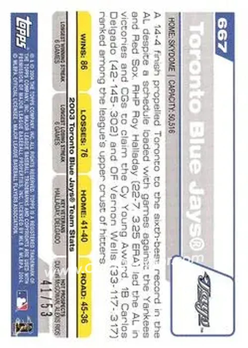 2004 Topps - Black #667 - Toronto Blue Jays - Toronto Blue Jays - Back
