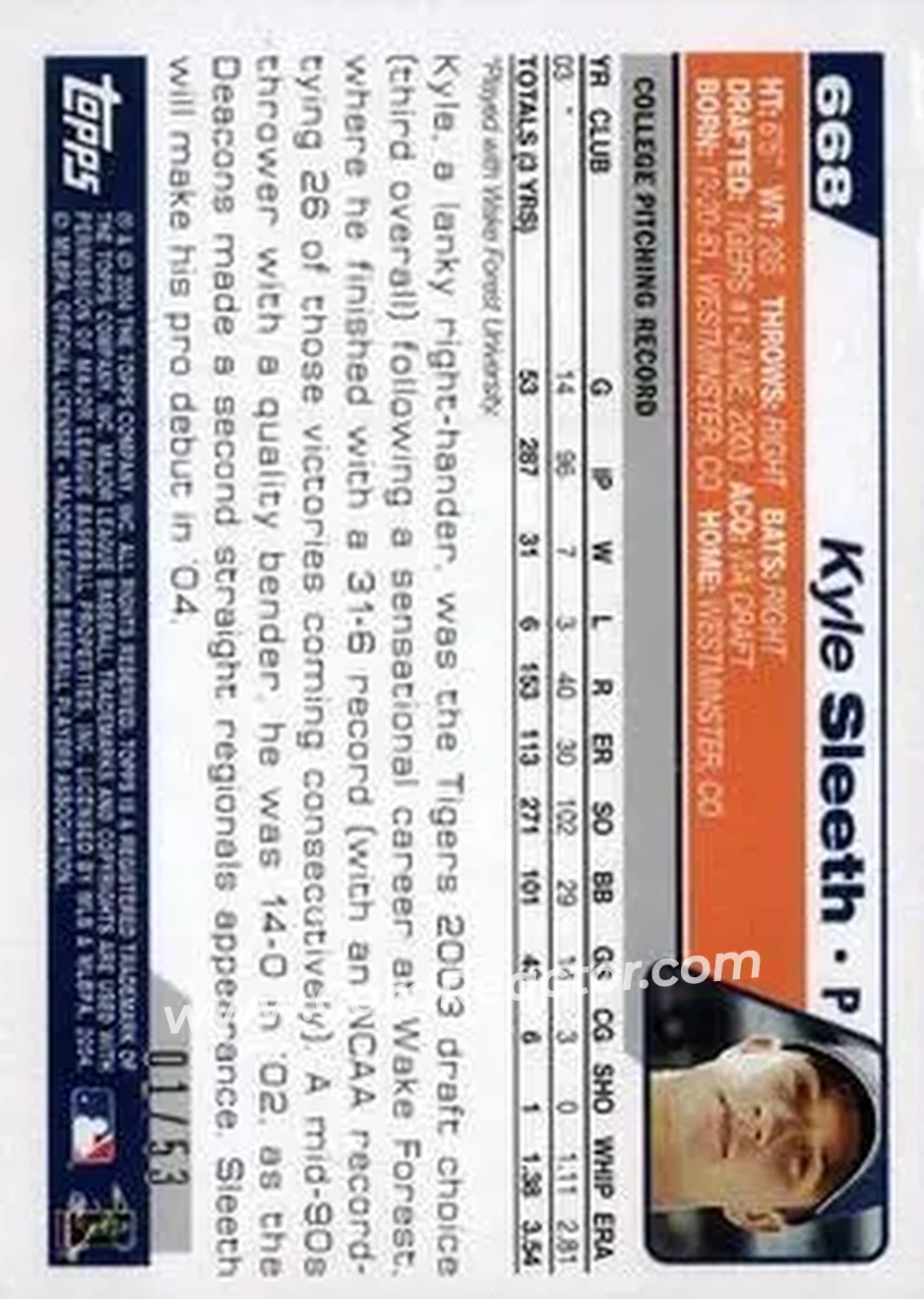 2004 Topps - Black #668 - Kyle Sleeth - Detroit Tigers - Back 2004 Topps - Black #668 - Kyle Sleeth - Detroit Tigers - Back