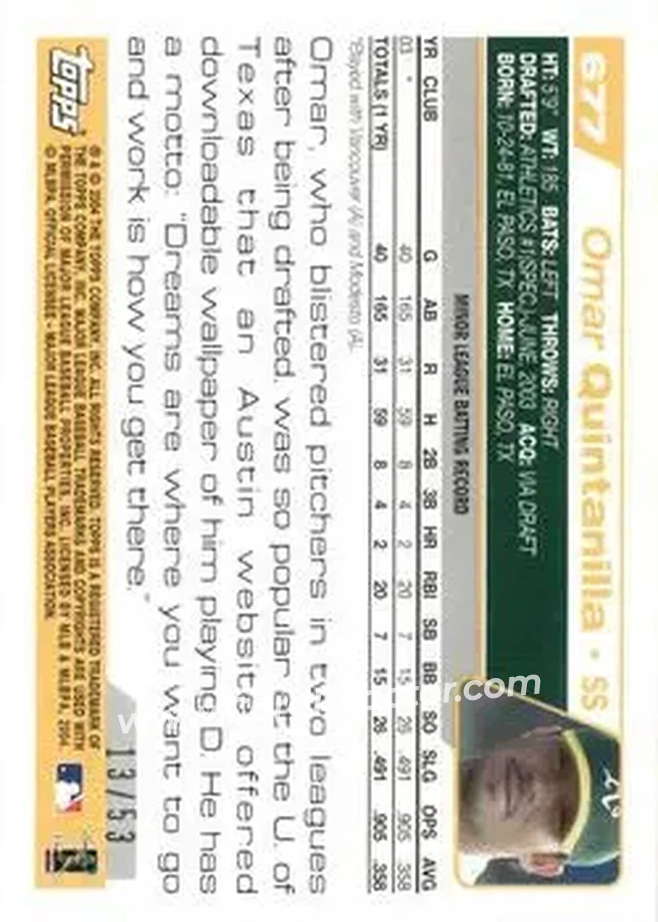 2004 Topps - Black #677 - Omar Quintanilla - Oakland Athletics - Back