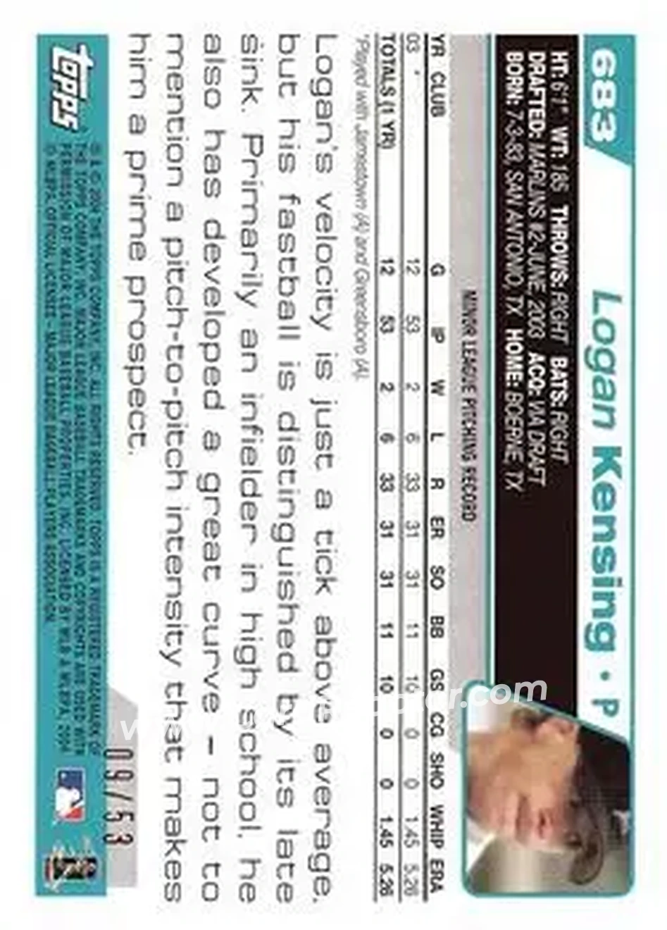 2004 Topps - Black #683 - Logan Kensing - Florida Marlins - Back 2004 Topps - Black #683 - Logan Kensing - Florida Marlins - Back