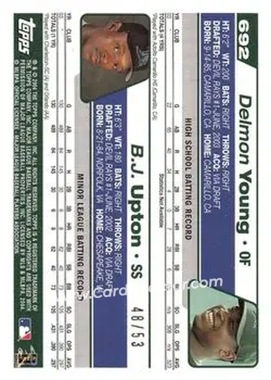 2004 Topps - Black #692 - Delmon Young - B.J. Upton - Tampa Bay Devil Rays - Back