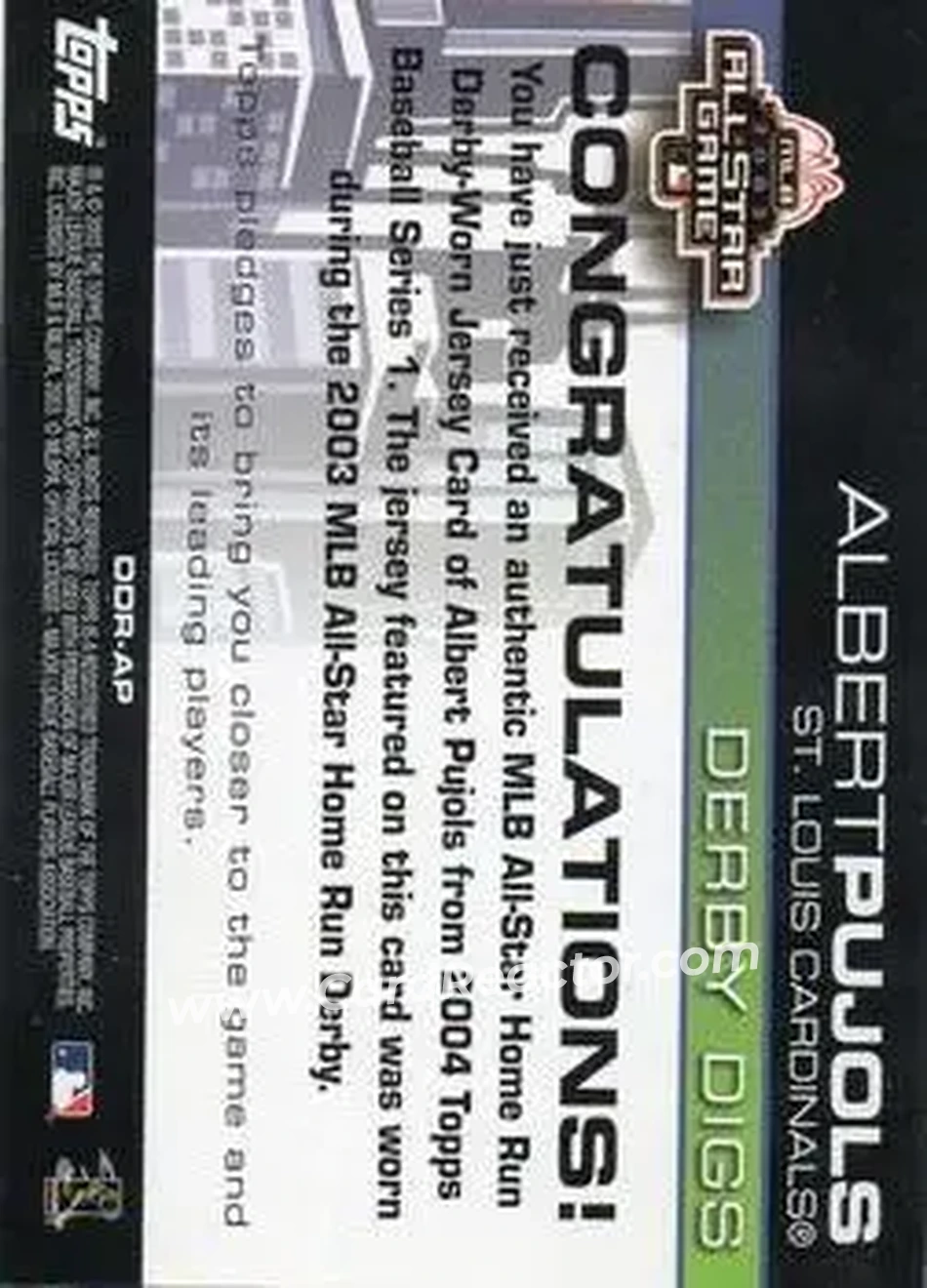2004 Topps - Derby Digs #DDR-AP - Albert Pujols - St. Louis Cardinals - Back