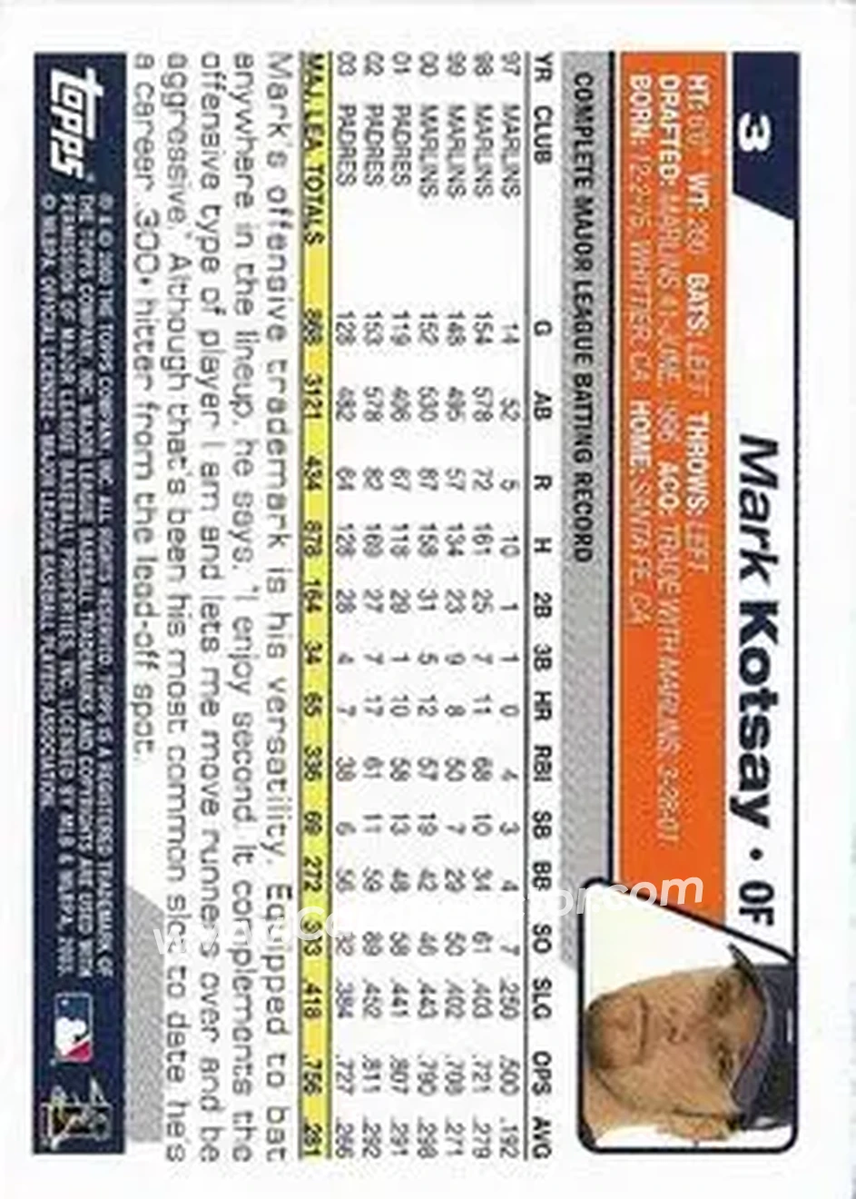 2004 Topps 1st Edition #3 - Mark Kotsay - San Diego Padres - Back 2004 Topps 1st Edition #3 - Mark Kotsay - San Diego Padres - Back