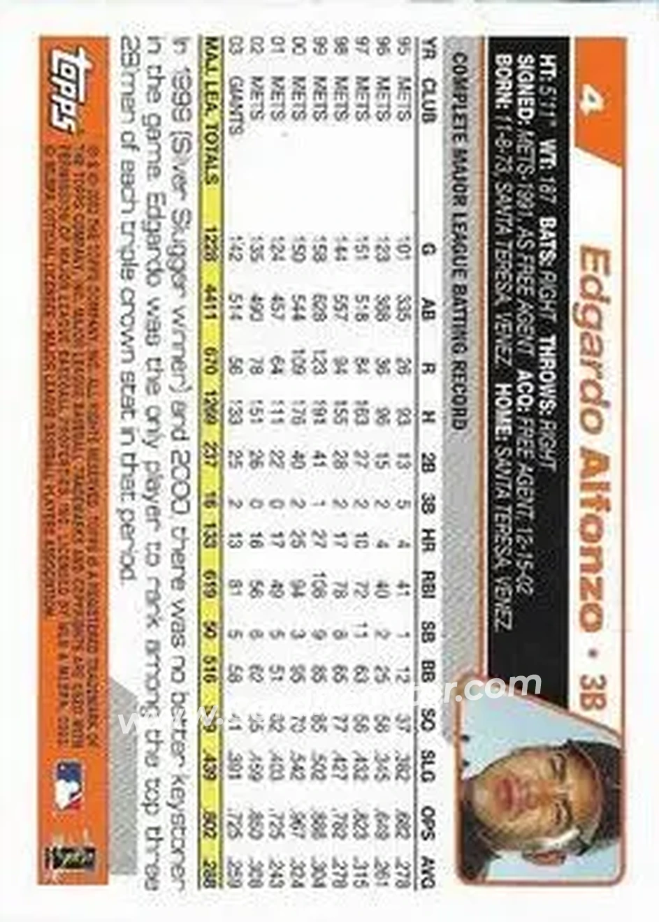 2004 Topps 1st Edition #4 - Edgardo Alfonzo - San Francisco Giants - Back