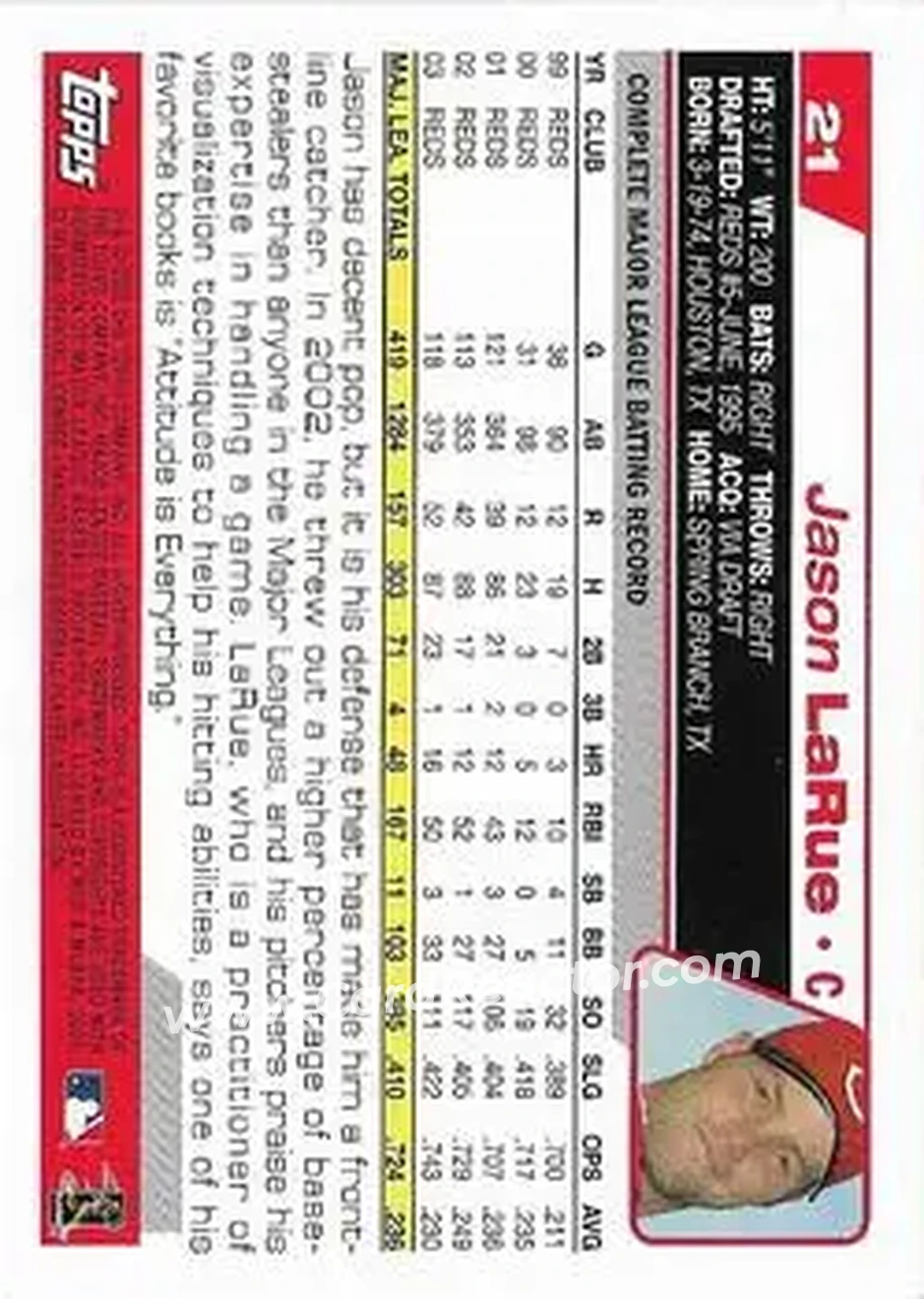 2004 Topps 1st Edition #21 - Jason LaRue - Cincinnati Reds - Back