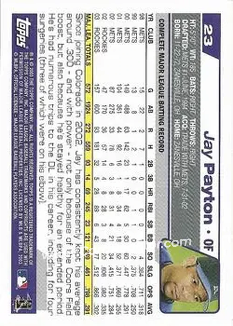 2004 Topps 1st Edition #23 - Jay Payton - Colorado Rockies - Back 2004 Topps 1st Edition #23 - Jay Payton - Colorado Rockies - Back
