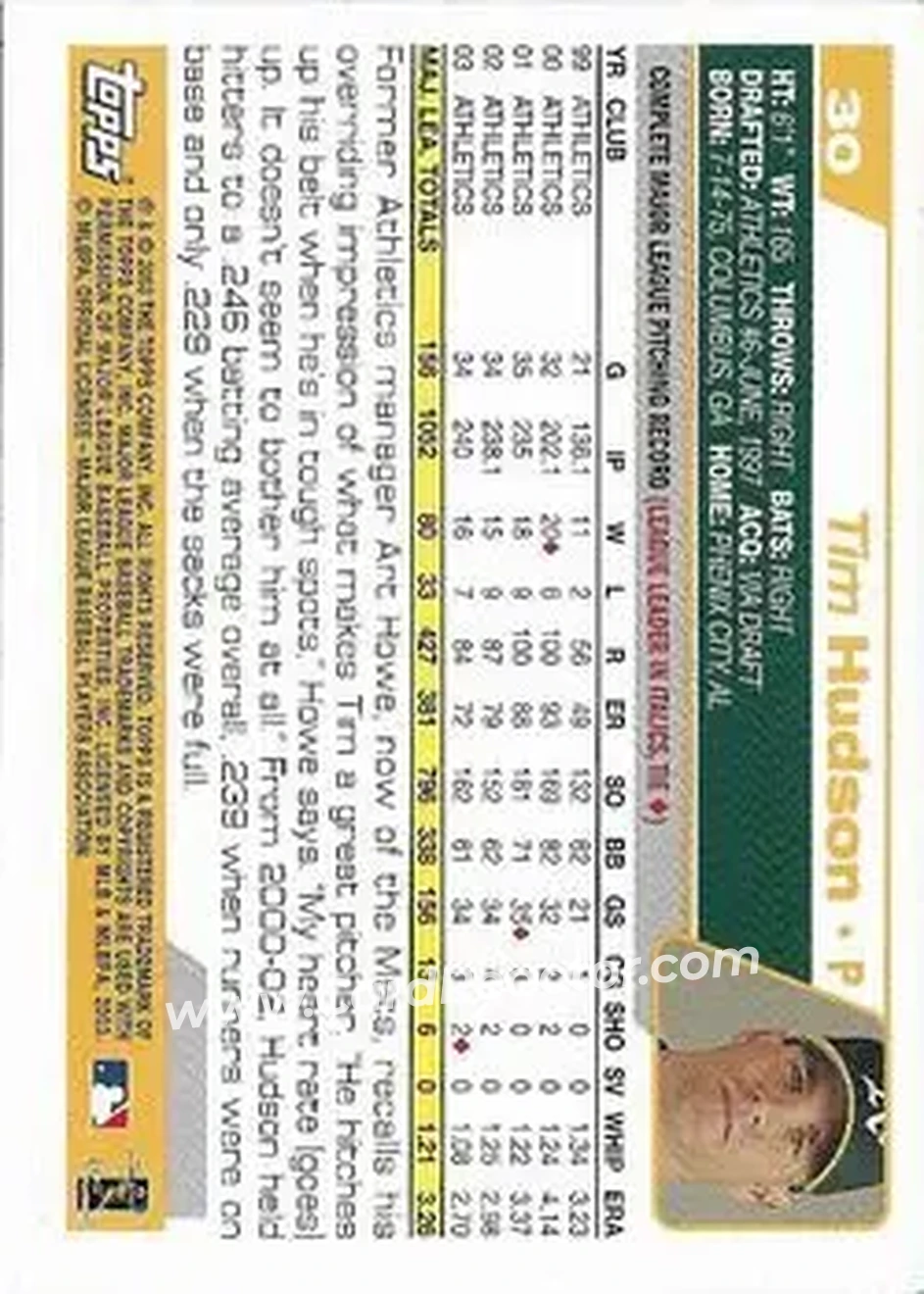 2004 Topps 1st Edition #30 - Tim Hudson - Oakland Athletics - Back