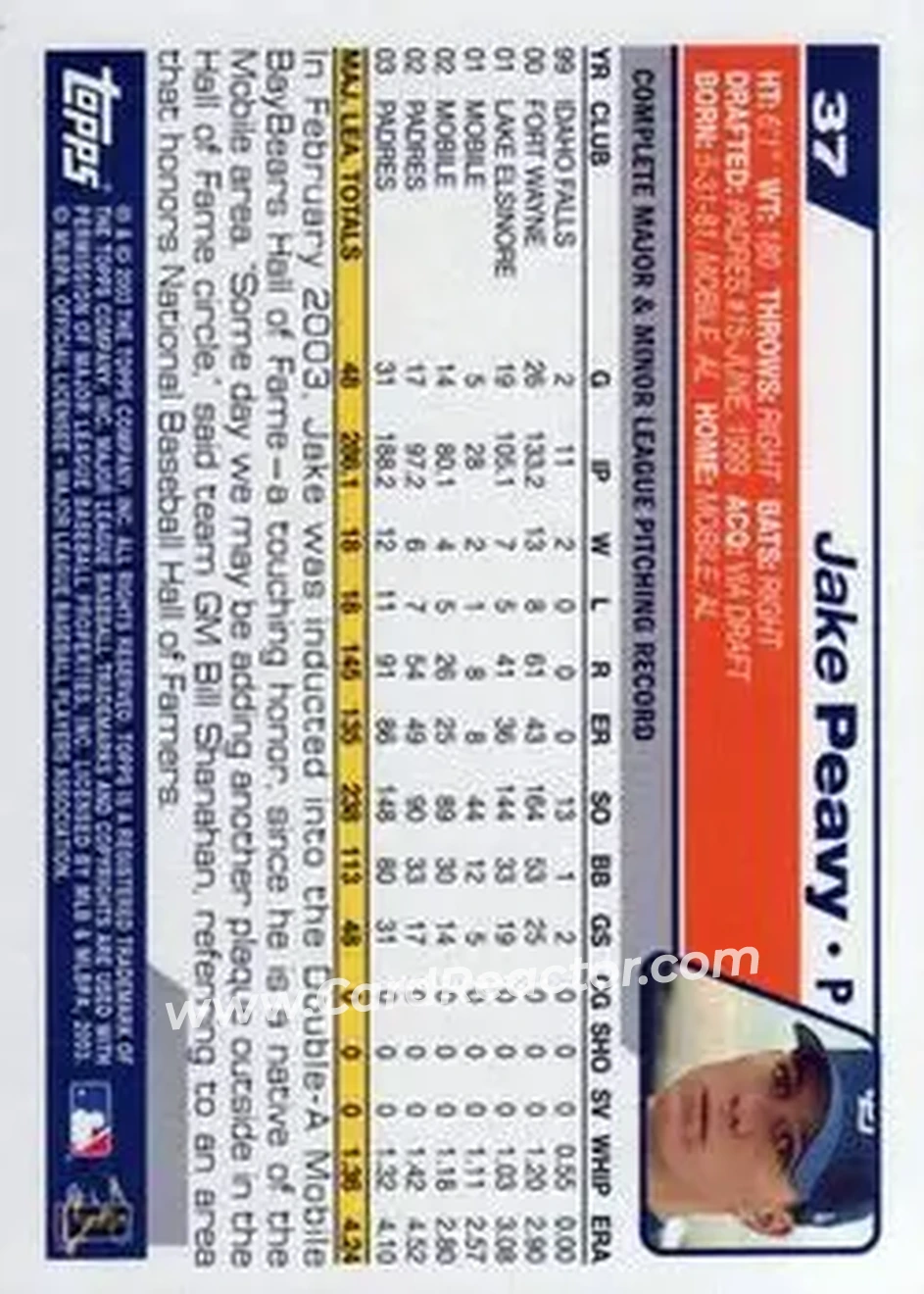 2004 Topps 1st Edition #37 - Jake Peavy - San Diego Padres - Back