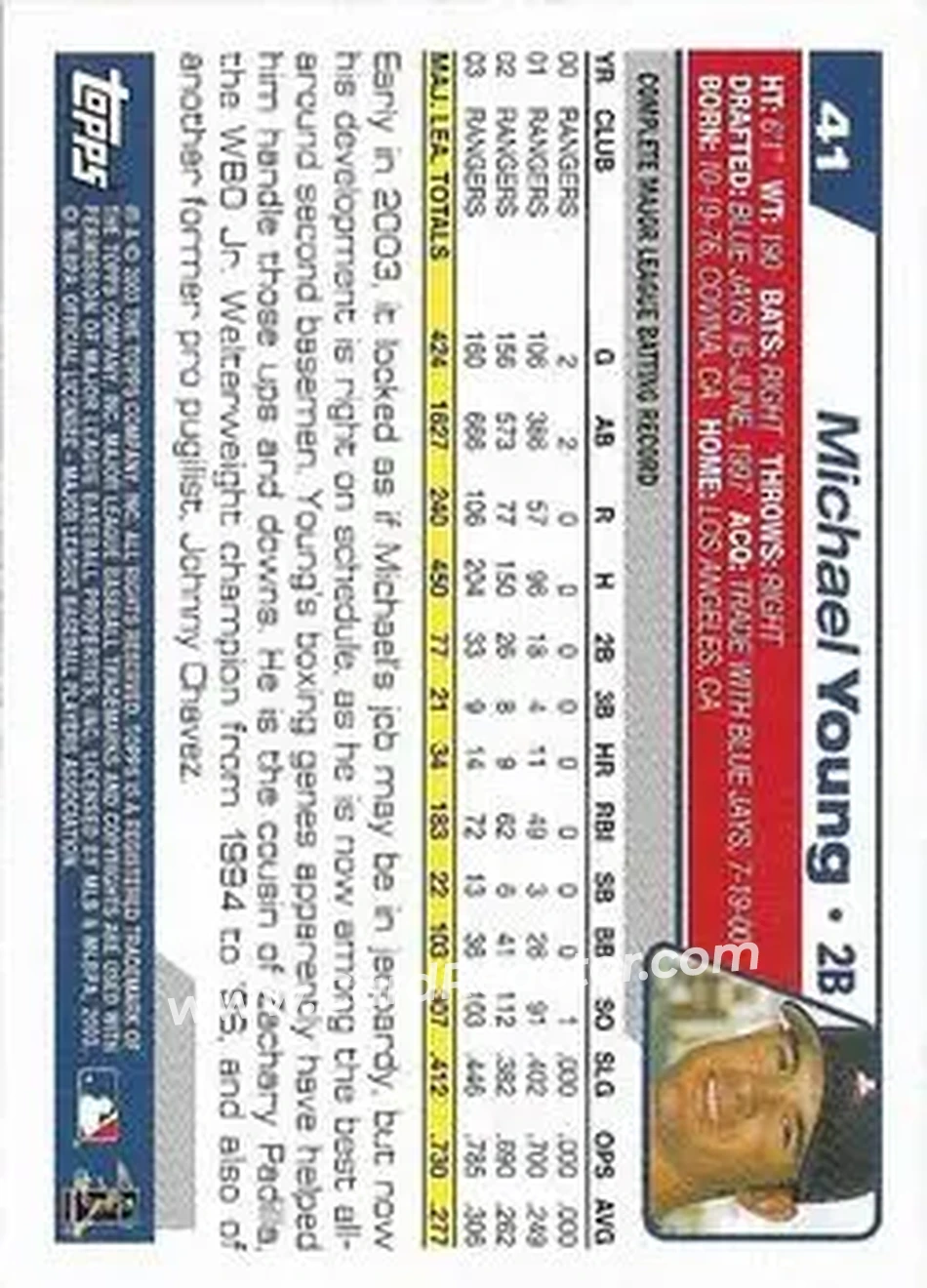 2004 Topps 1st Edition #41 - Michael Young - Texas Rangers - Back