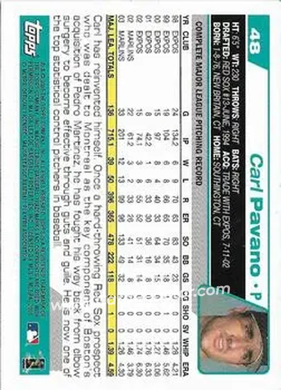 2004 Topps 1st Edition #48 - Carl Pavano - Florida Marlins - Back 2004 Topps 1st Edition #48 - Carl Pavano - Florida Marlins - Back