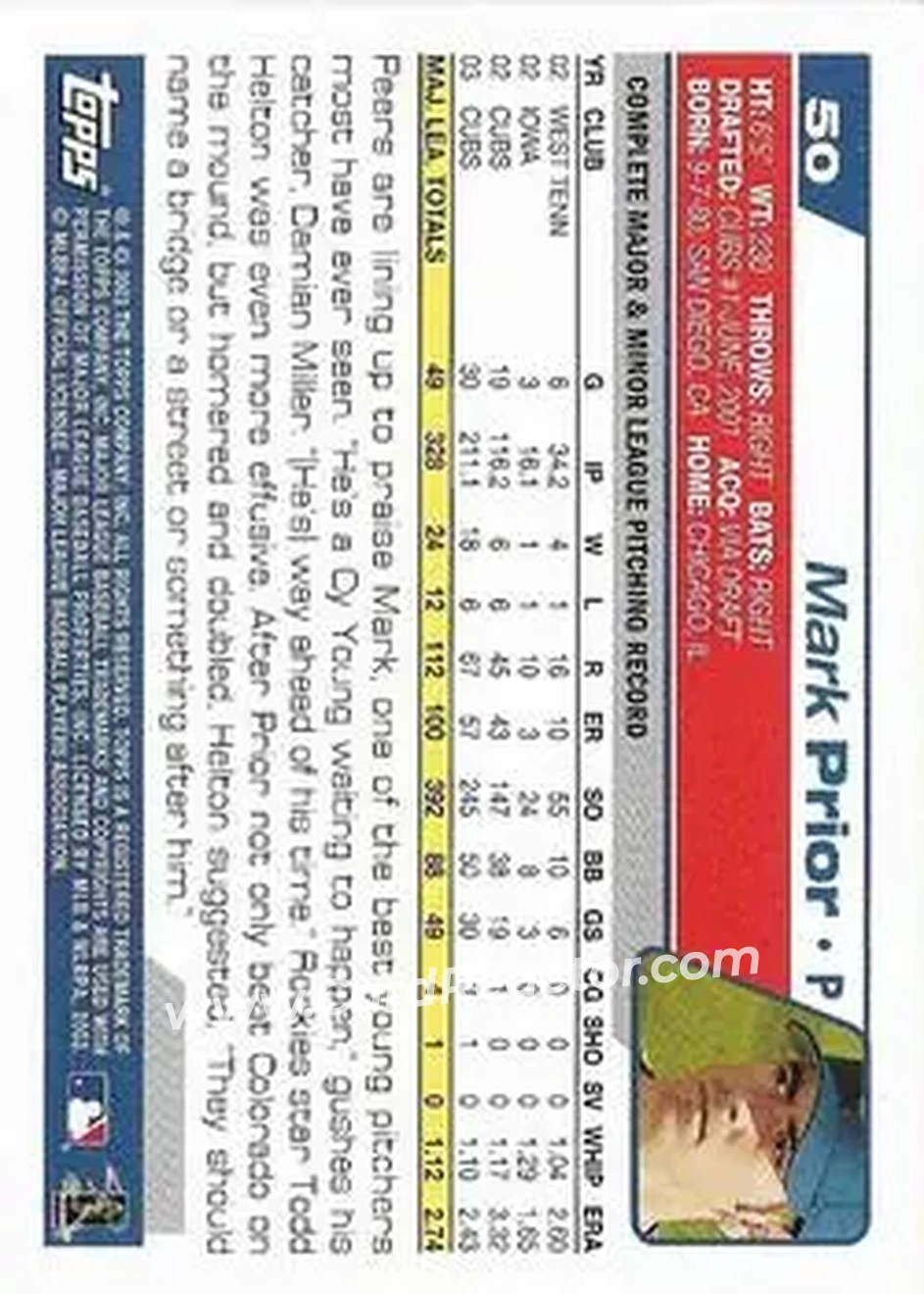2004 Topps 1st Edition #50 - Mark Prior - Chicago Cubs - Back